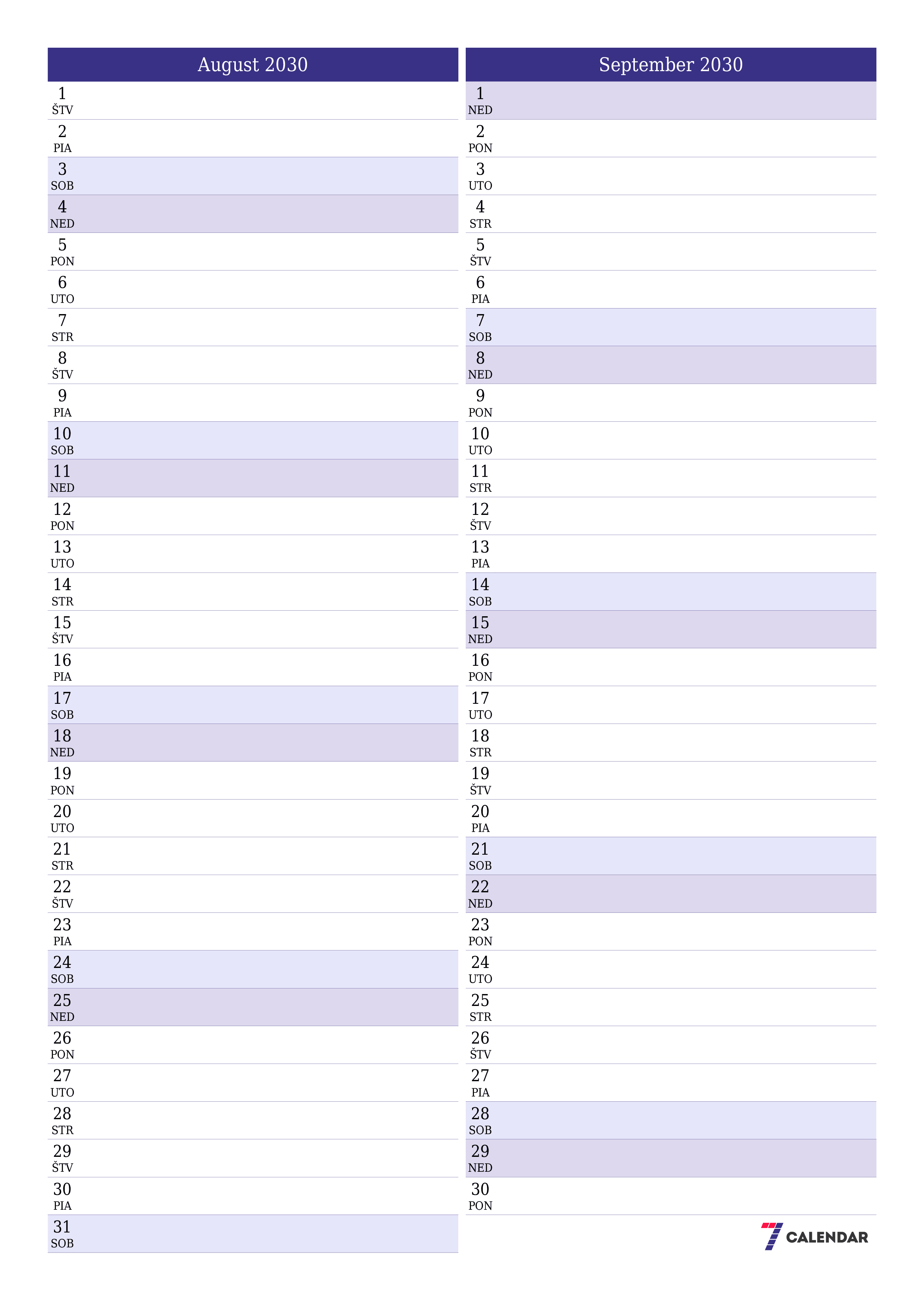 vytlačiteľný nástenný šablóna a bezplatný вертикальный Mesačne plánovač kalendár August (Aug) 2030