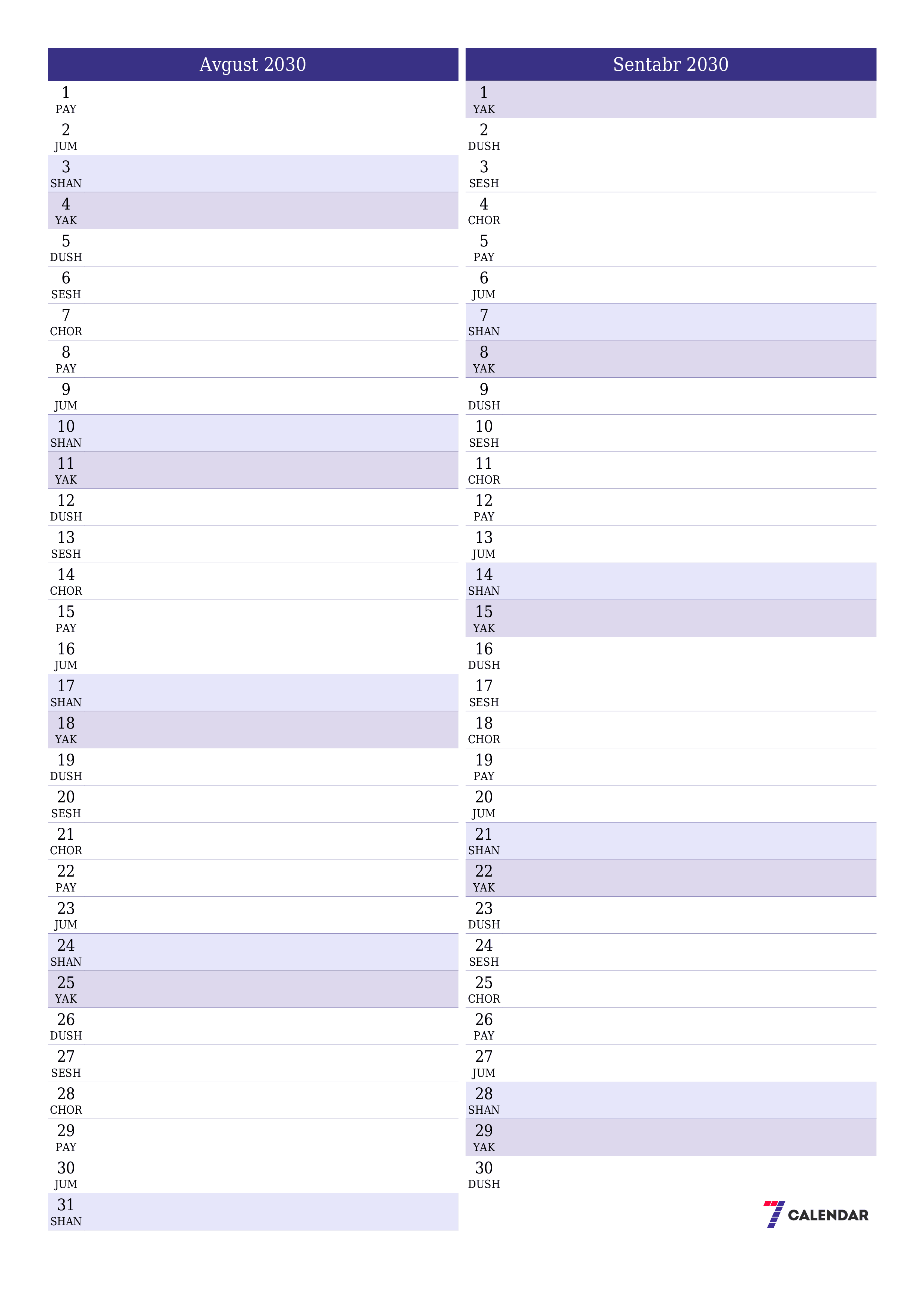 chop etiladigan devor taqvimi shabloni bepul vertikal Oylik rejalashtiruvchi kalendar Avgust (Avg) 2030