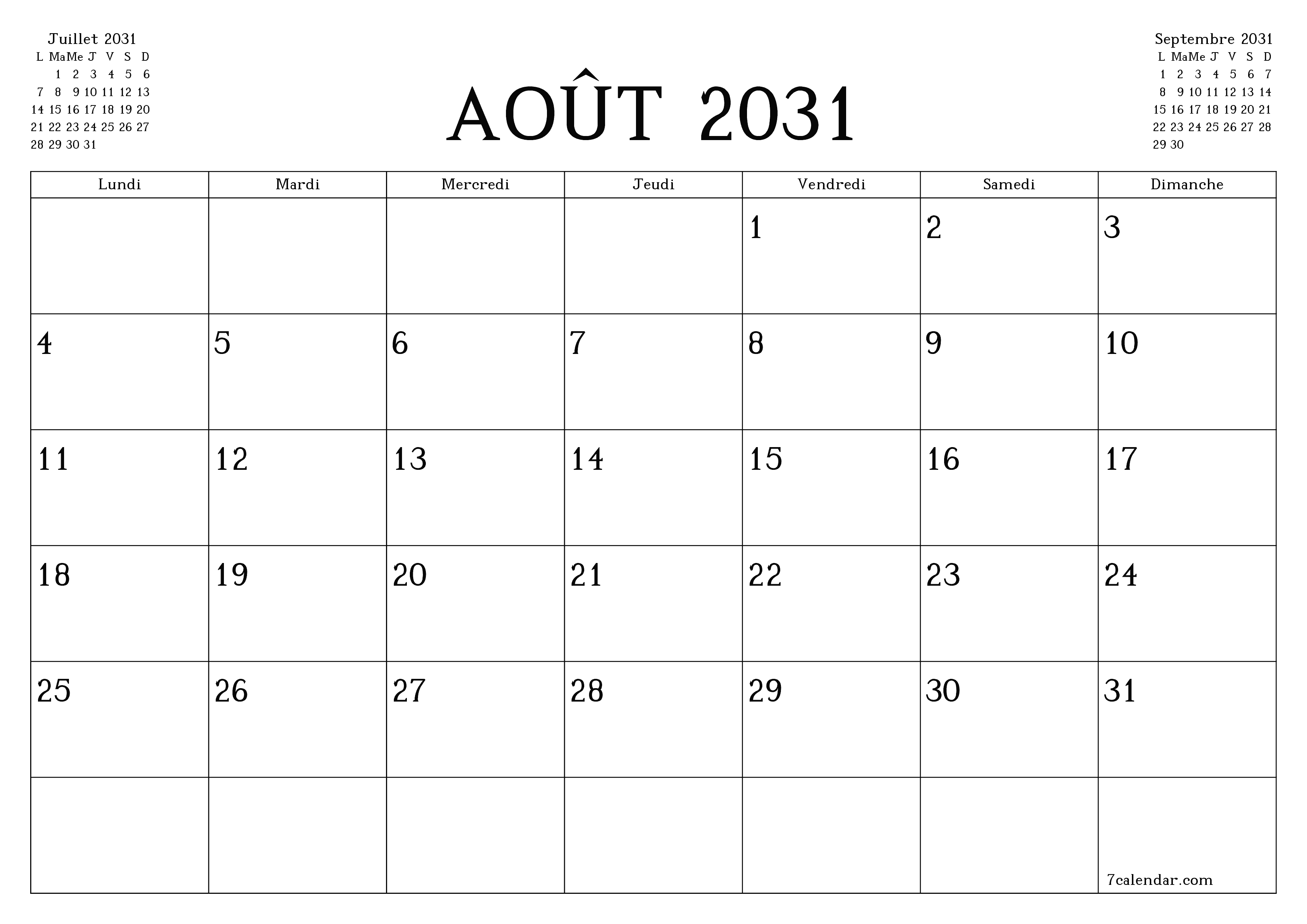 Agenda mensuel vide pour le mois Août 2031 avec notes, enregistrez et imprimez au format PDF PNG French
