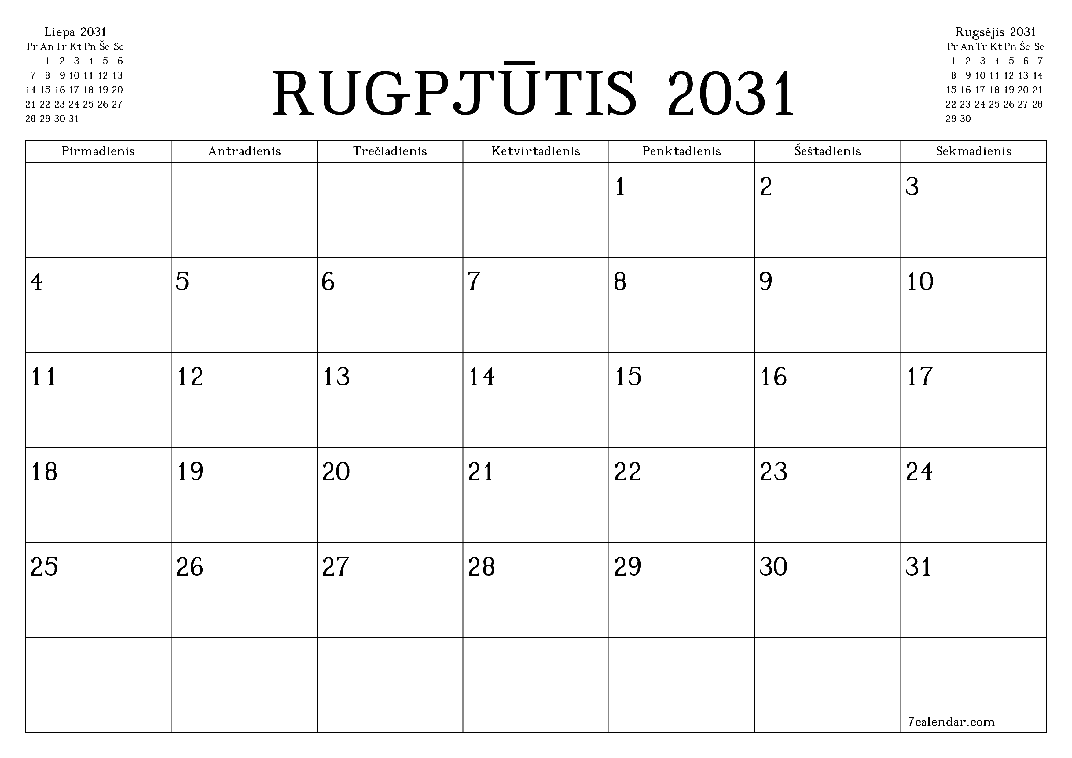Ištuštinti mėnesio Rugpjūtis 2031 mėnesio planavimo priemonę su užrašais, išsaugoti ir atsispausdinti PDF formate PNG Lithuanian