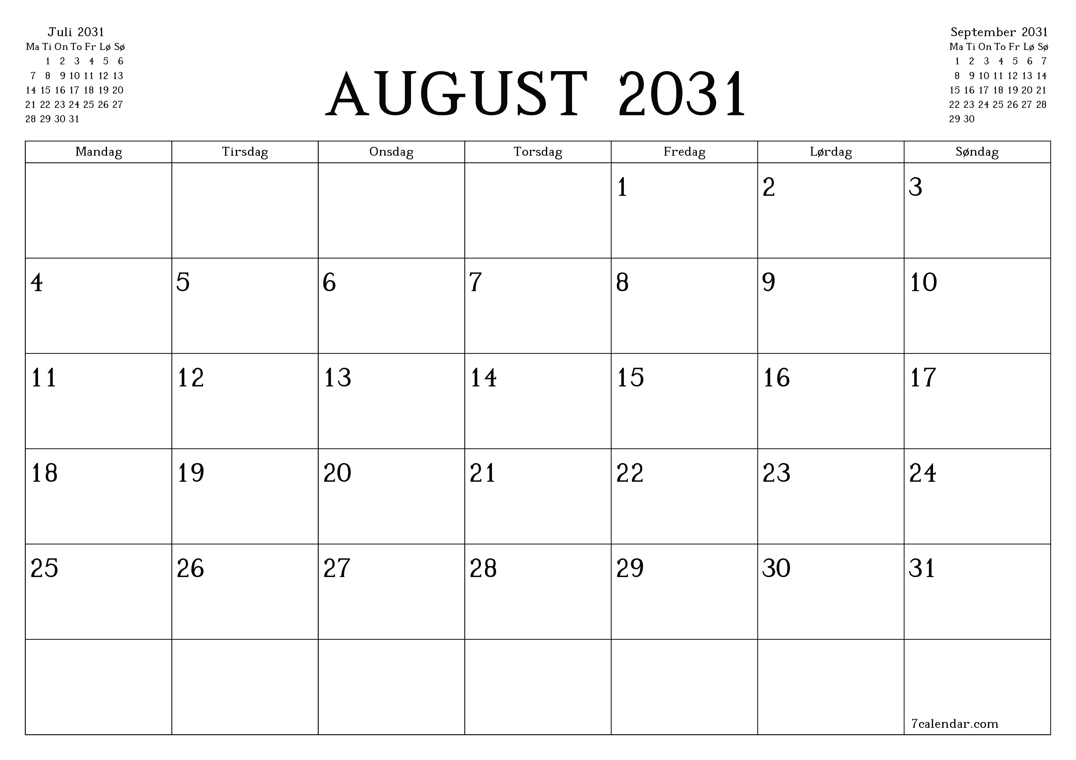 Tom månedlig planlegger for måned August 2031 med notater, lagre og skriv ut til PDF PNG Norwegian