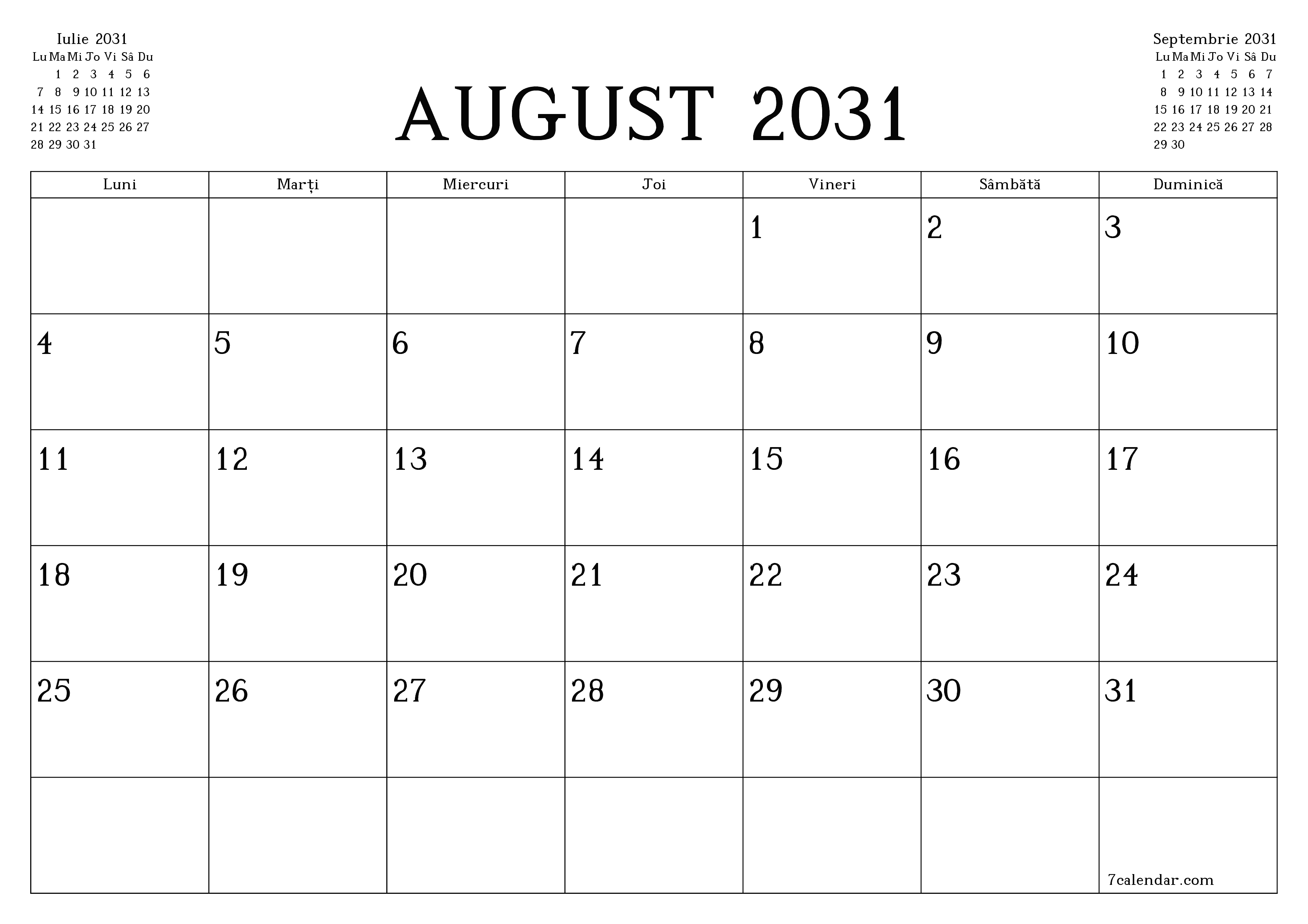 Planificator lunar gol pentru luna August 2031 cu note, salvați și tipăriți în PDF PNG Romanian