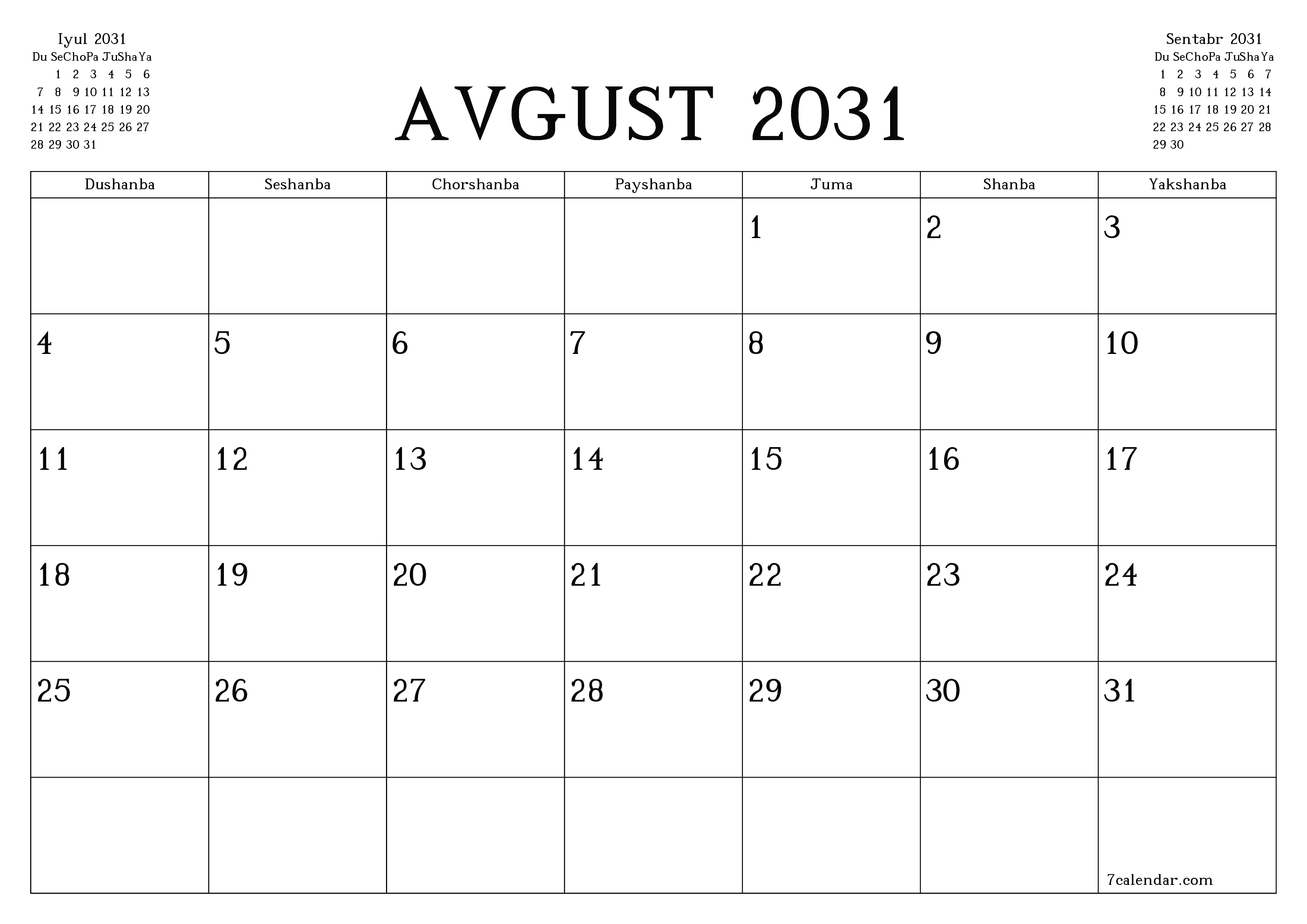 Avgust 2031 oylik oylik rejalashtiruvchini yozuvlar bilan bo'shatish, saqlash va PDF-ga chop etish PNG Uzbek