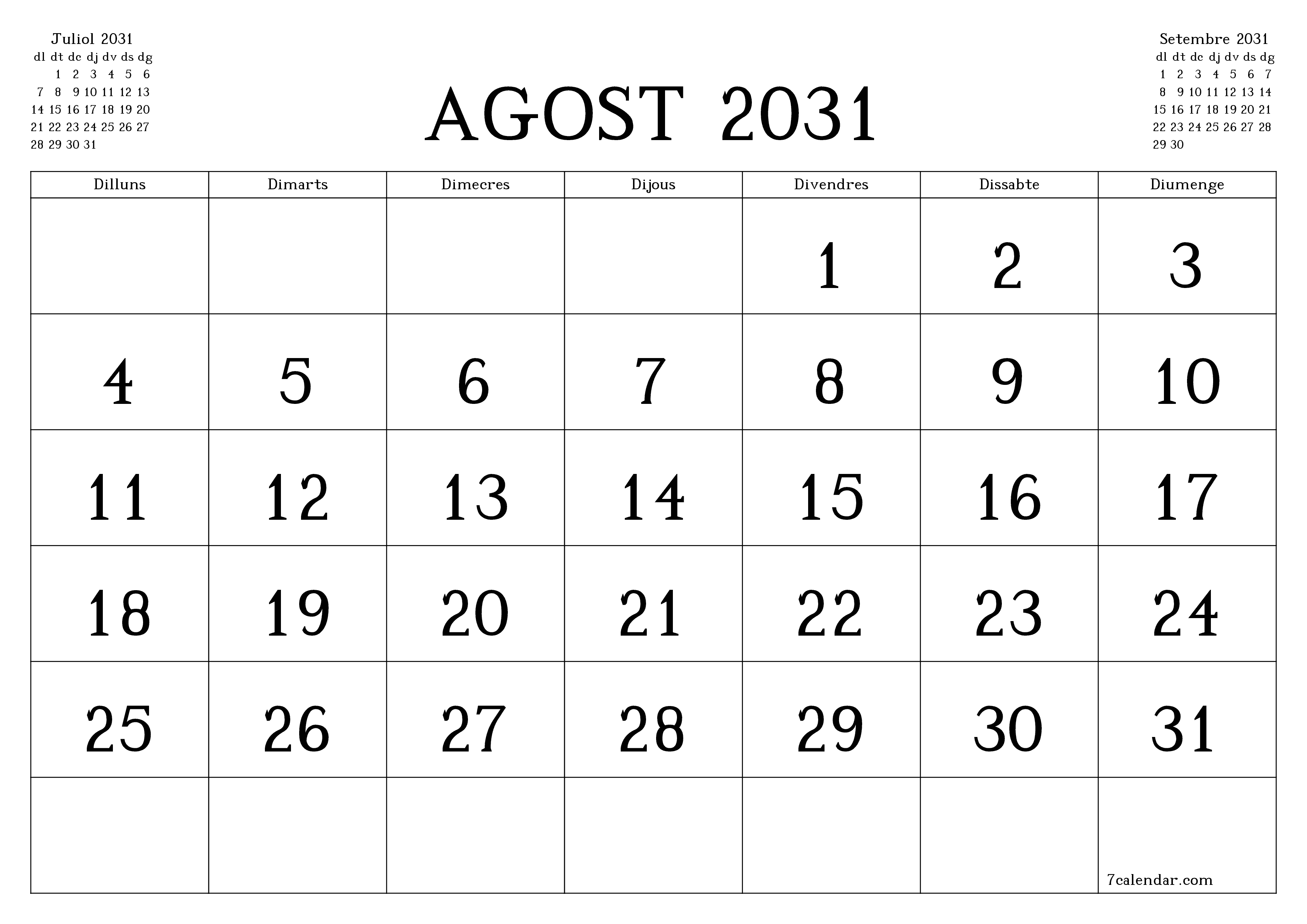 Planificador mensual buit del mes Agost 2031 amb notes, deseu-lo i imprimiu-lo en format PDF PNG Catalan