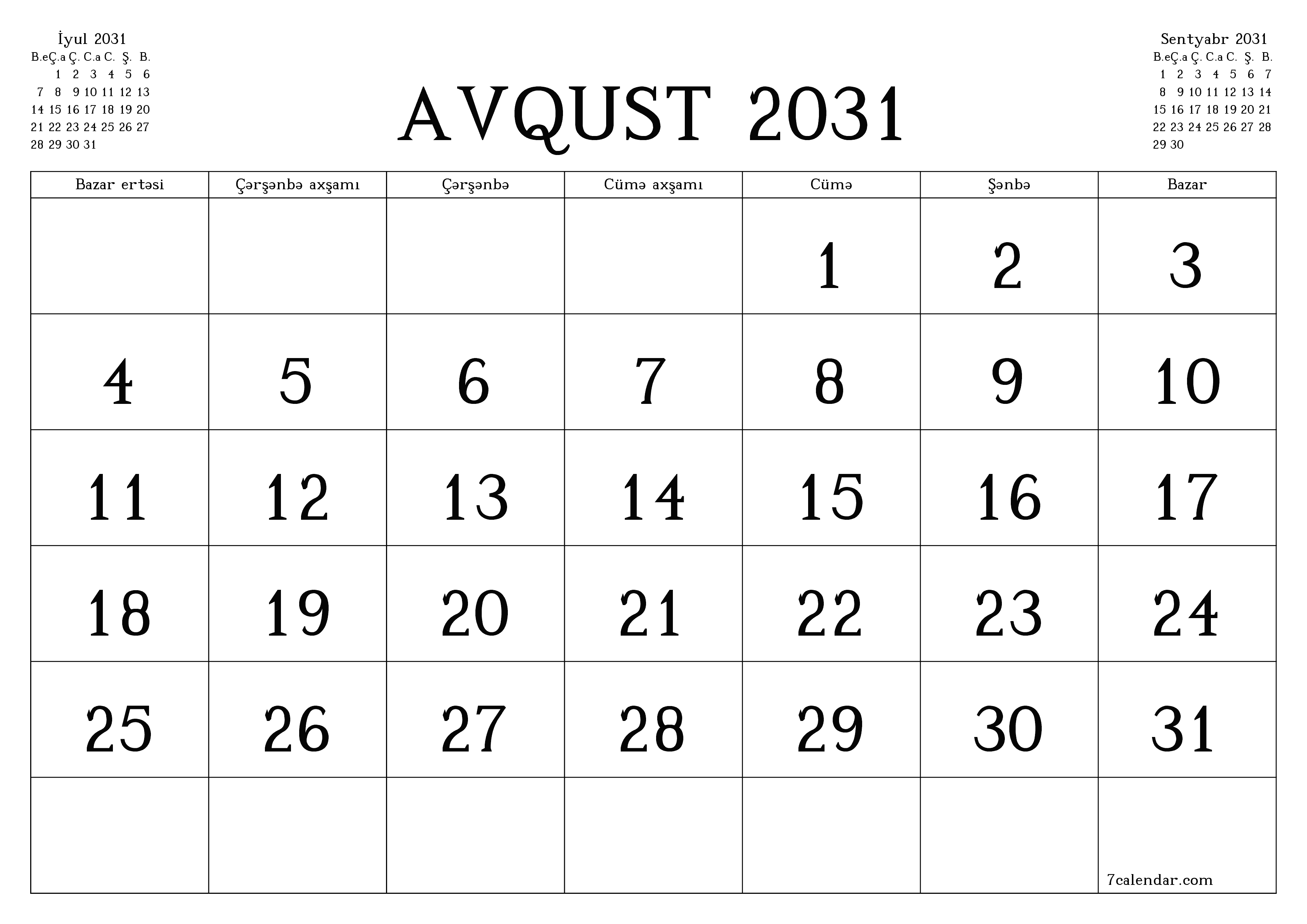 Avqust 2031 ayı üçün qeydlər ilə boş aylıq planlayıcı, qeyd edin və PDF-ə yazdırın PNG Azerbaijani