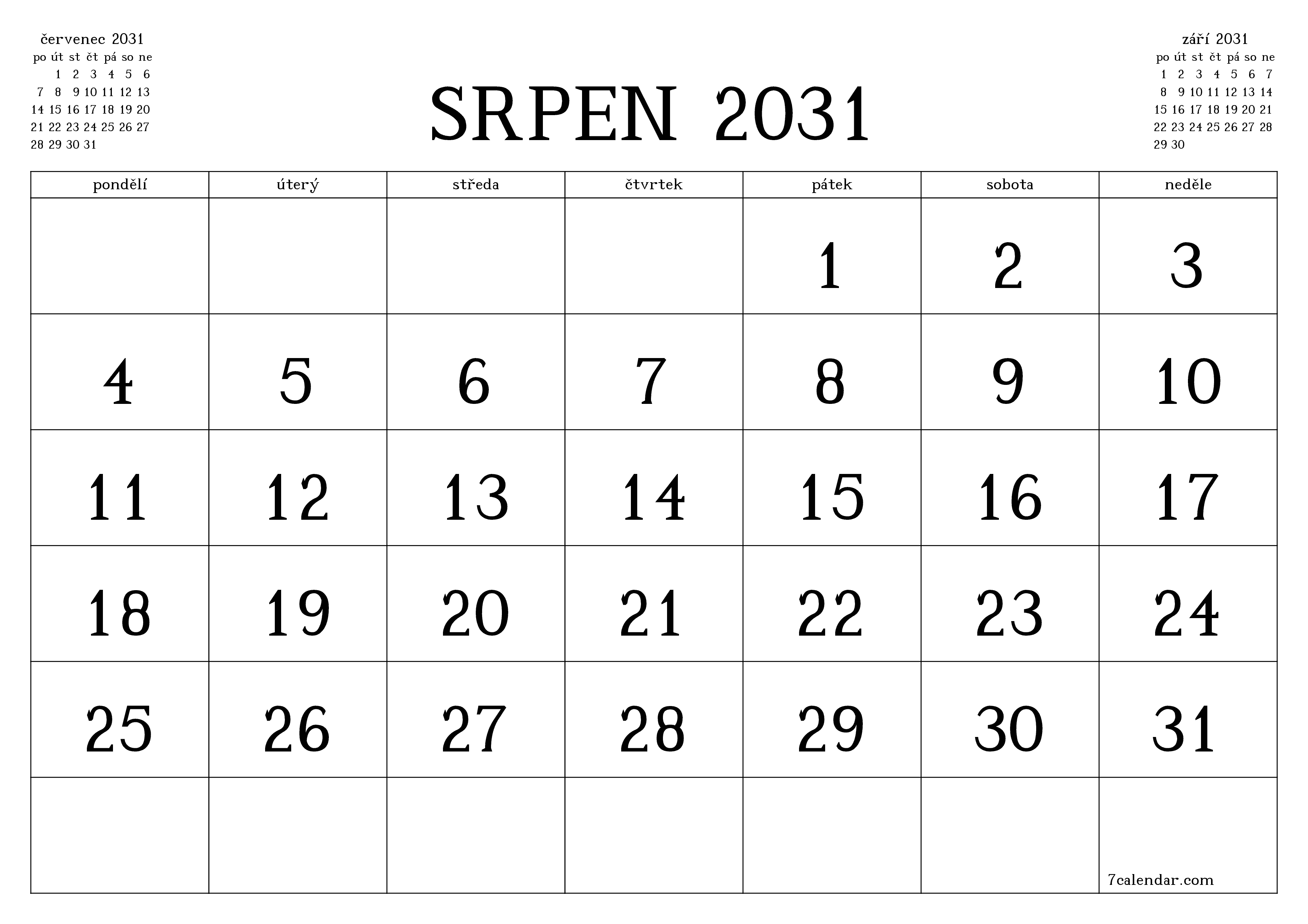 Vyprázdnit měsíční plánovač na měsíc srpen 2031 s poznámkami, uložit a vytisknout do PDF PNG Czech