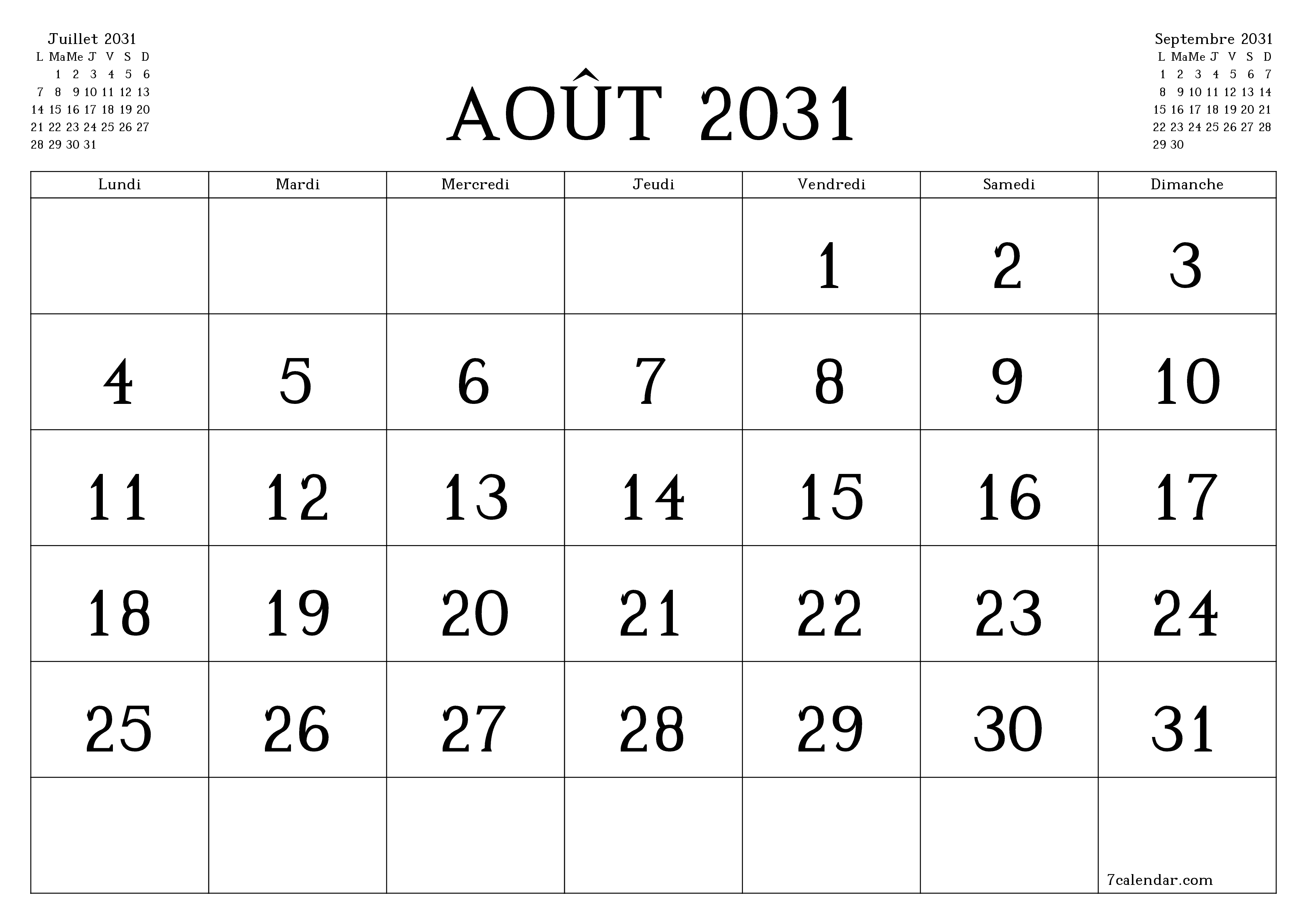 Agenda mensuel vide pour le mois Août 2031 avec notes, enregistrez et imprimez au format PDF PNG French