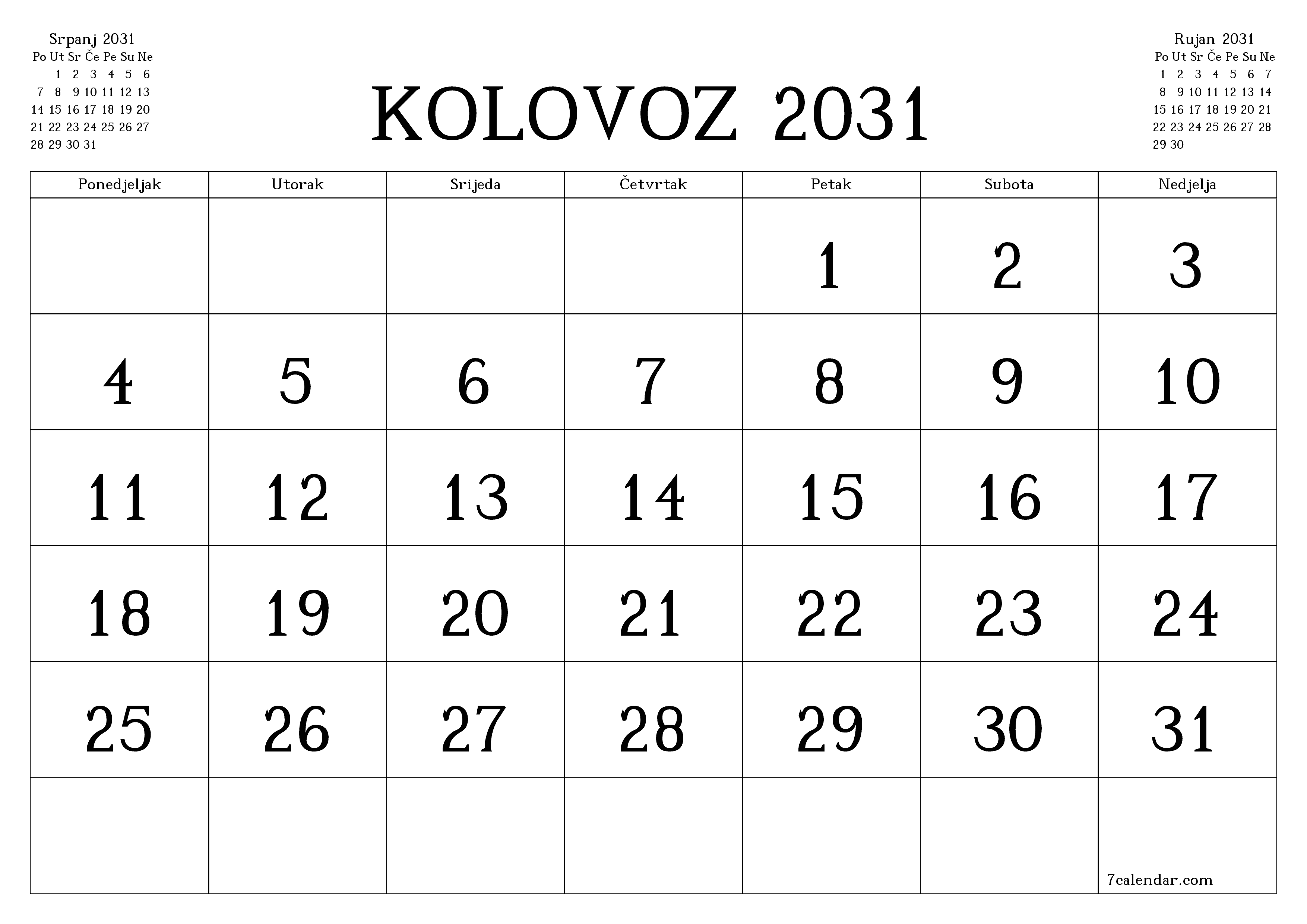 Ispraznite mjesečni planer za mjesec Kolovoz 2031 s bilješkama, spremite i ispišite u PDF PNG Croatian
