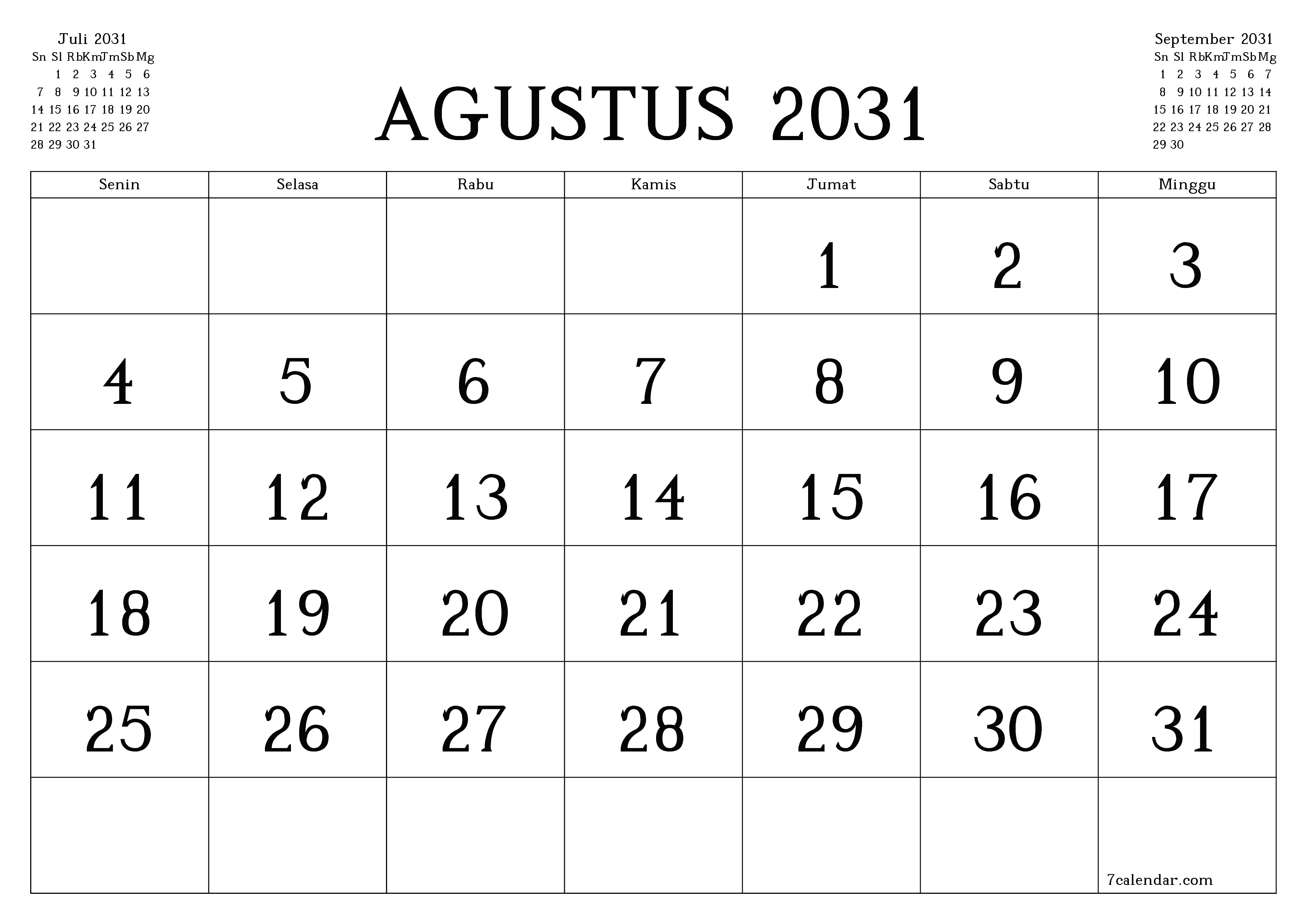 Kosongkan agenda bulanan untuk bulan Agustus 2031 dengan catatan, simpan dan cetak ke PDF PNG Indonesian