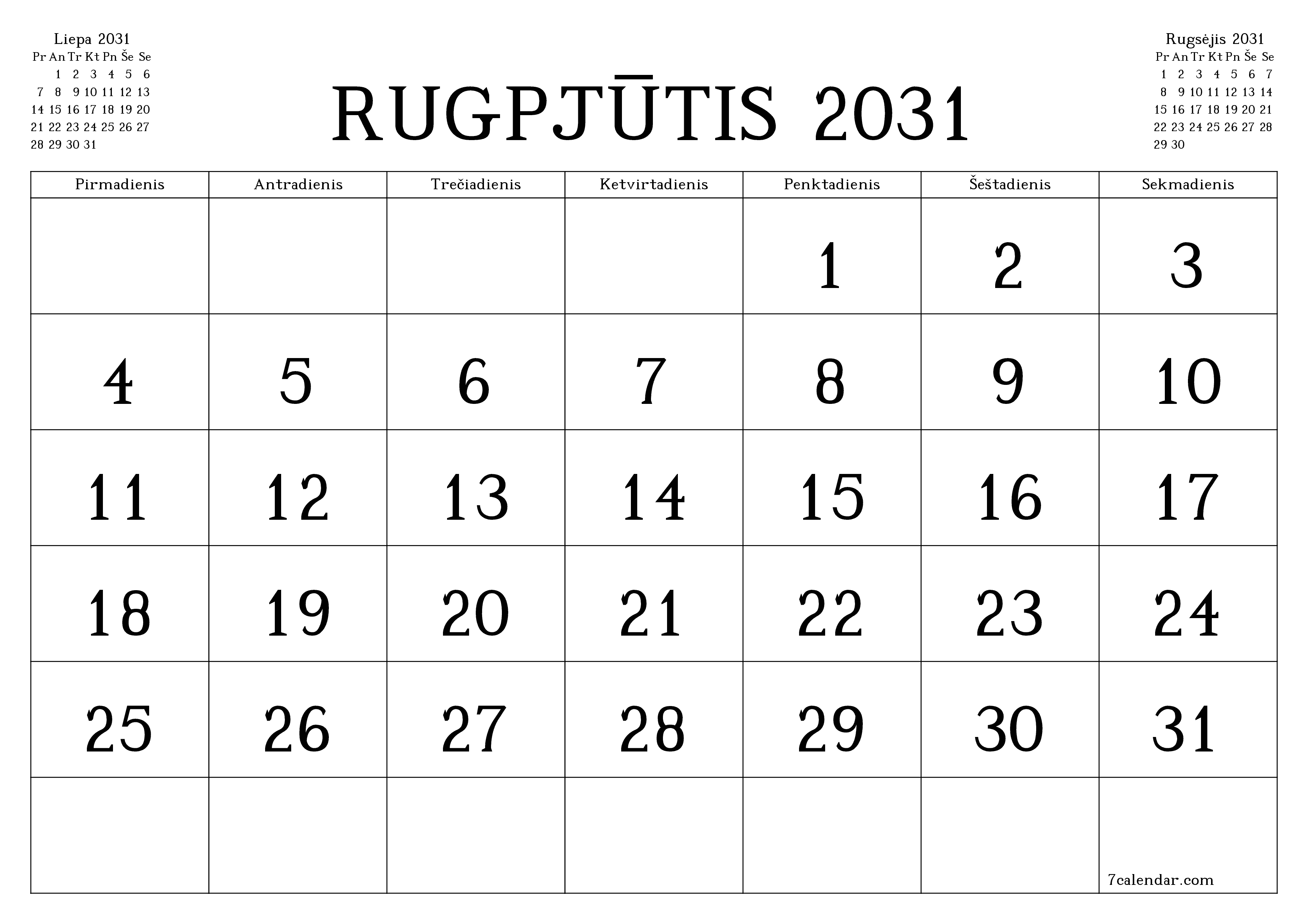 Ištuštinti mėnesio Rugpjūtis 2031 mėnesio planavimo priemonę su užrašais, išsaugoti ir atsispausdinti PDF formate PNG Lithuanian