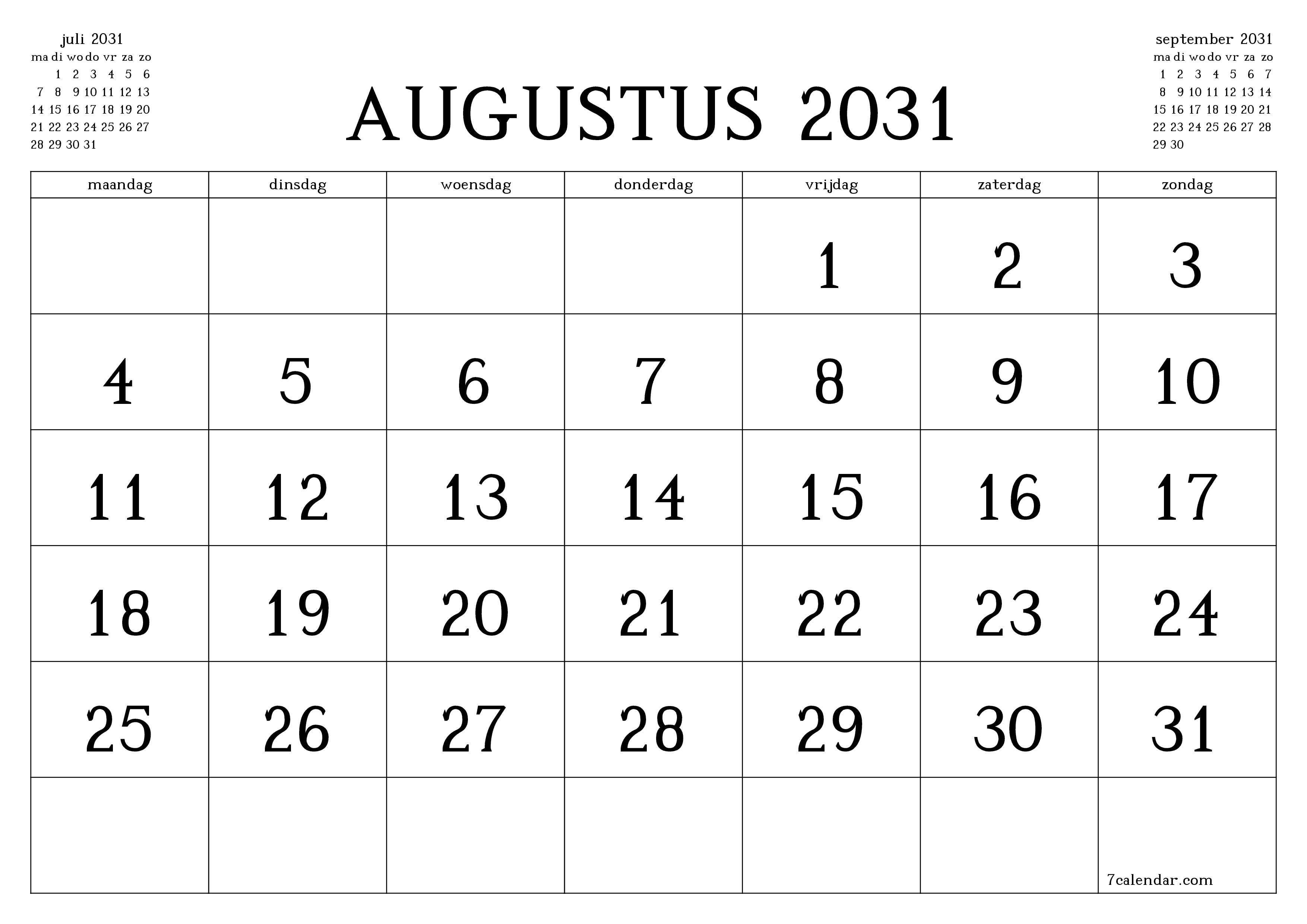 Lege maandplanner voor maand augustus 2031 met notities, opslaan en afdrukken naar pdf PNG Dutch