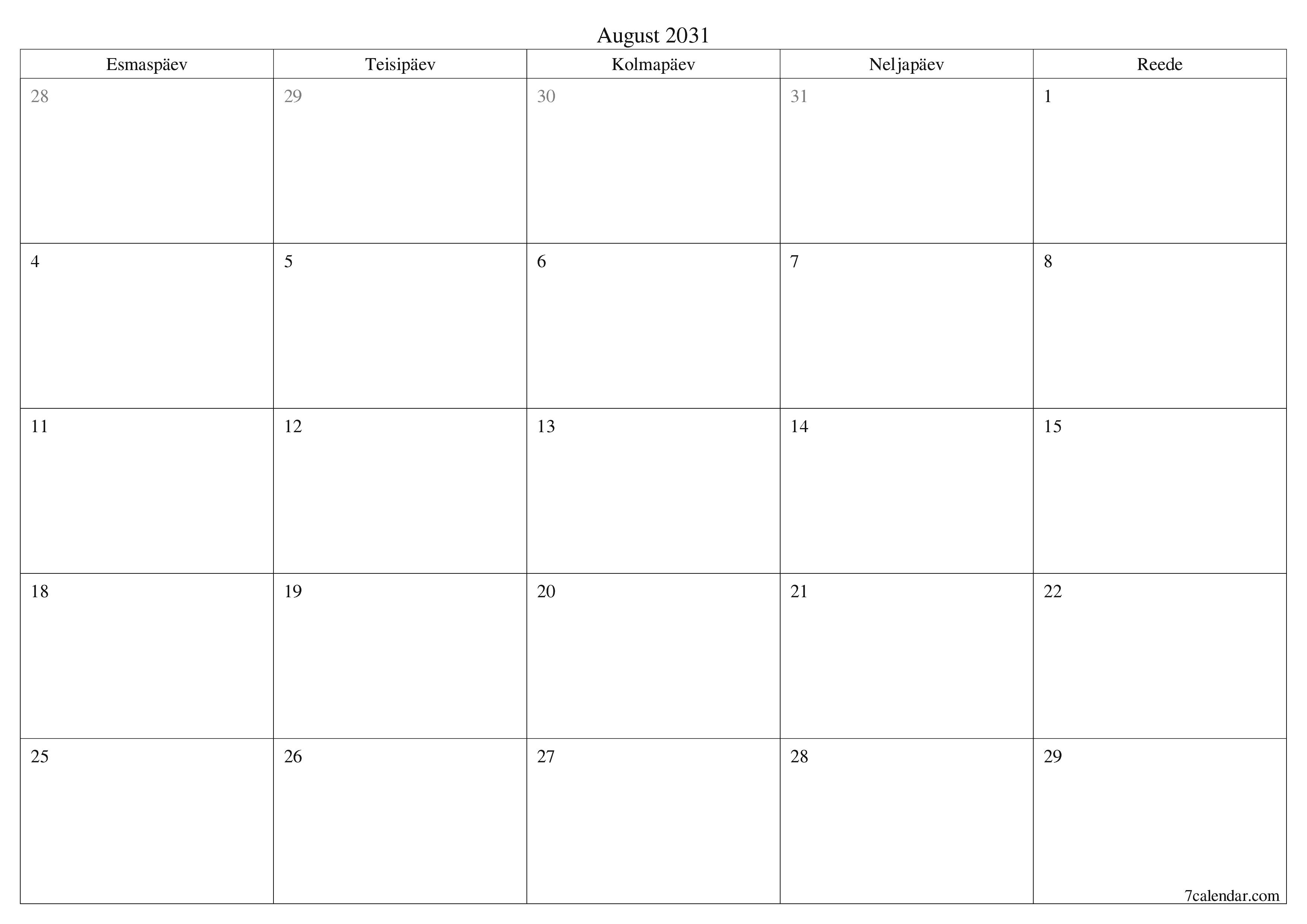 Tühjendage kuu August 2031 kuuplaneerija märkmetega, salvestage ja printige PDF-i PNG Estonian