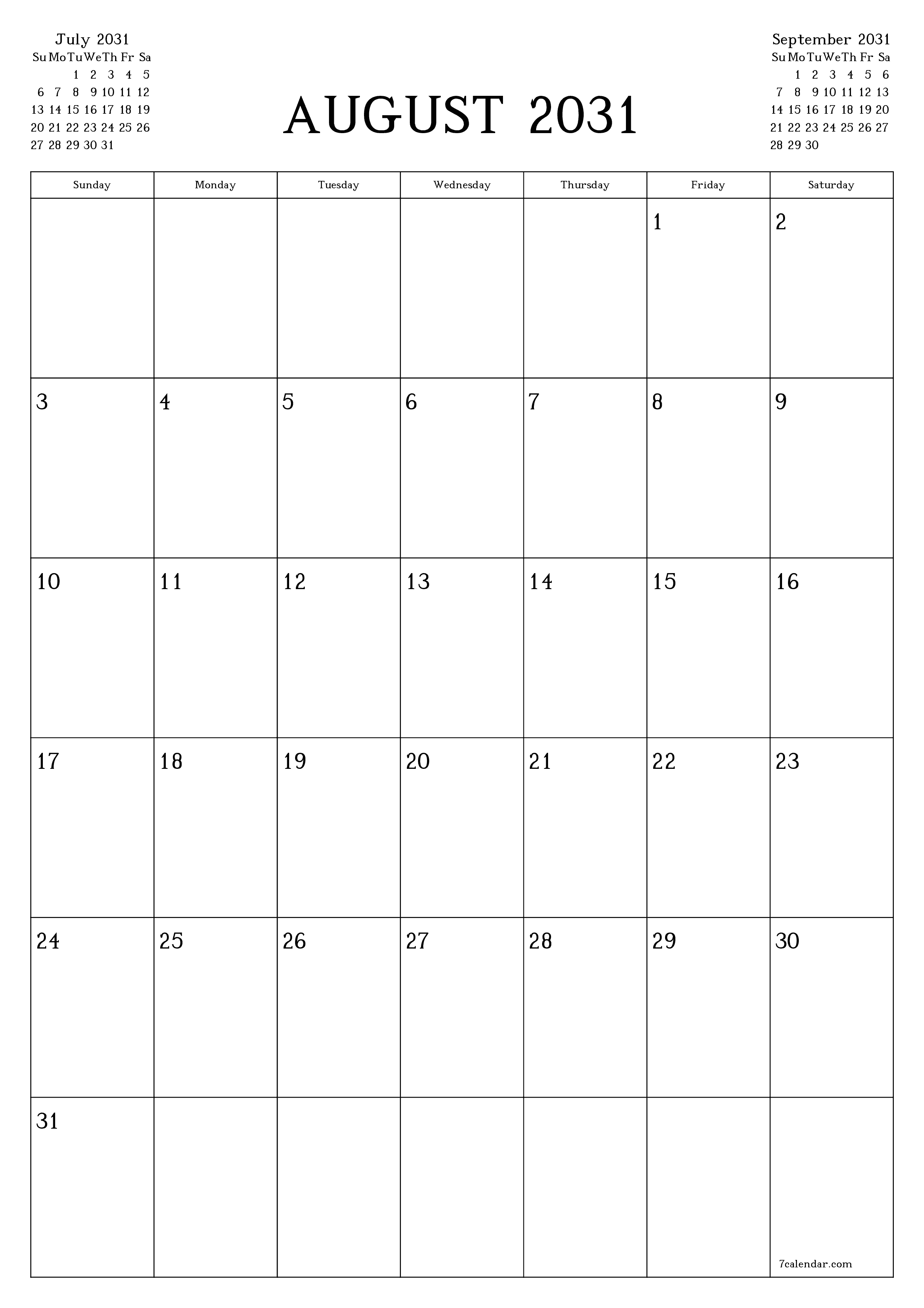 printable wall template free vertical Monthly planner calendar August (Aug) 2031