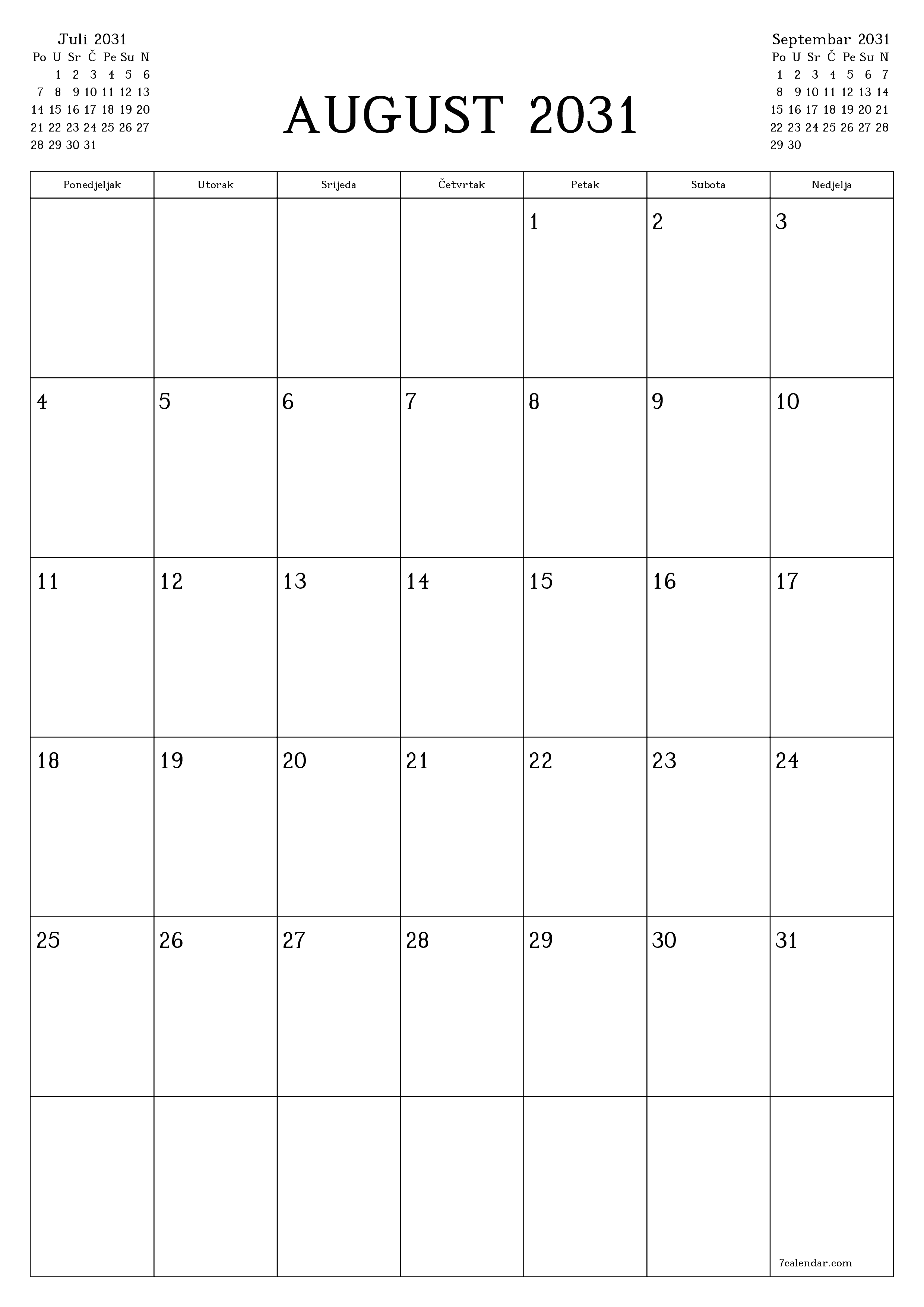  za štampanje zidni šablon a besplatni vertikalno Mjesečno planer kalendar August (Aug) 2031