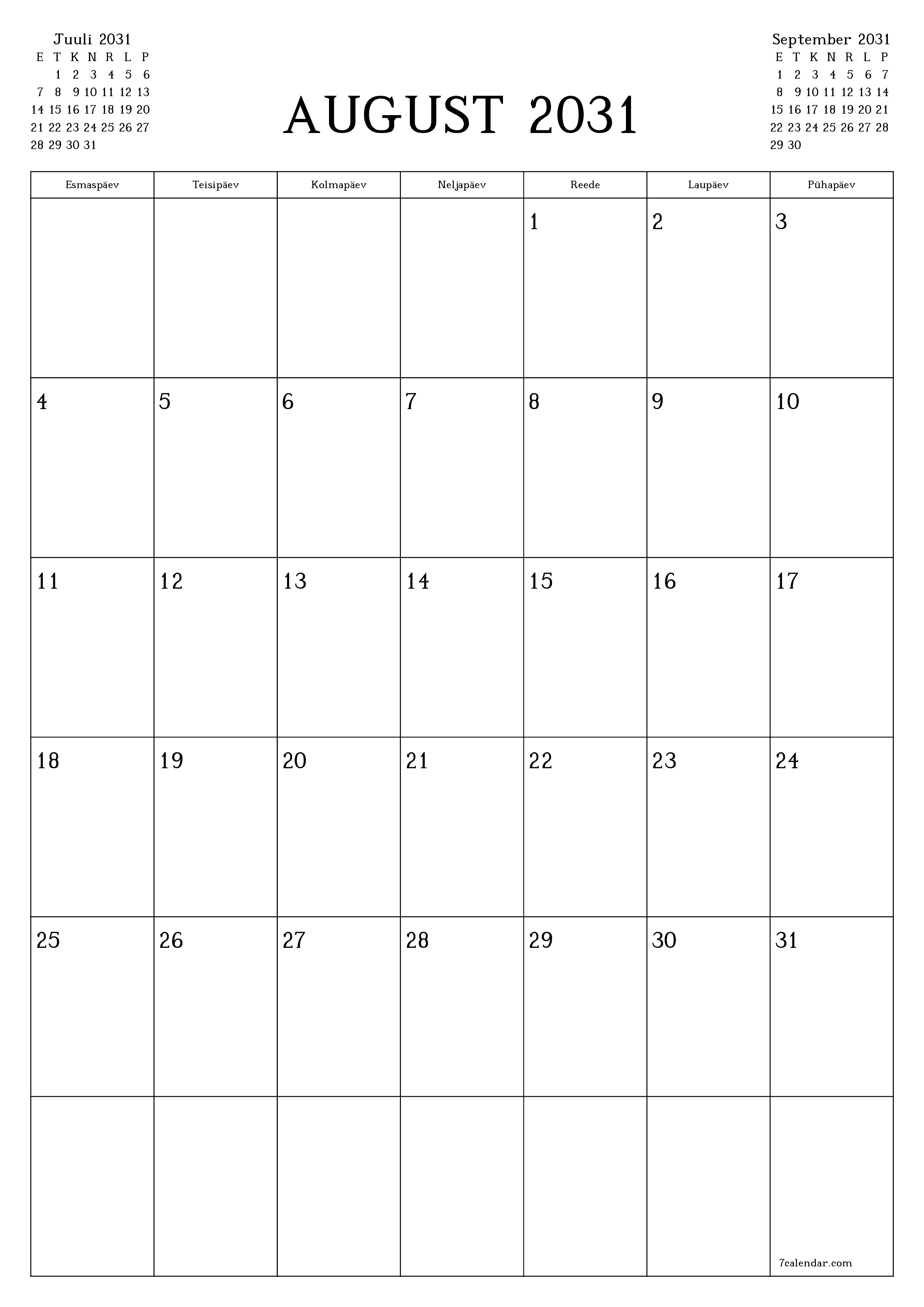prinditav seina kalendri mall tasuta vertikaalne Igakuine planeerija kalender August (Aug) 2031