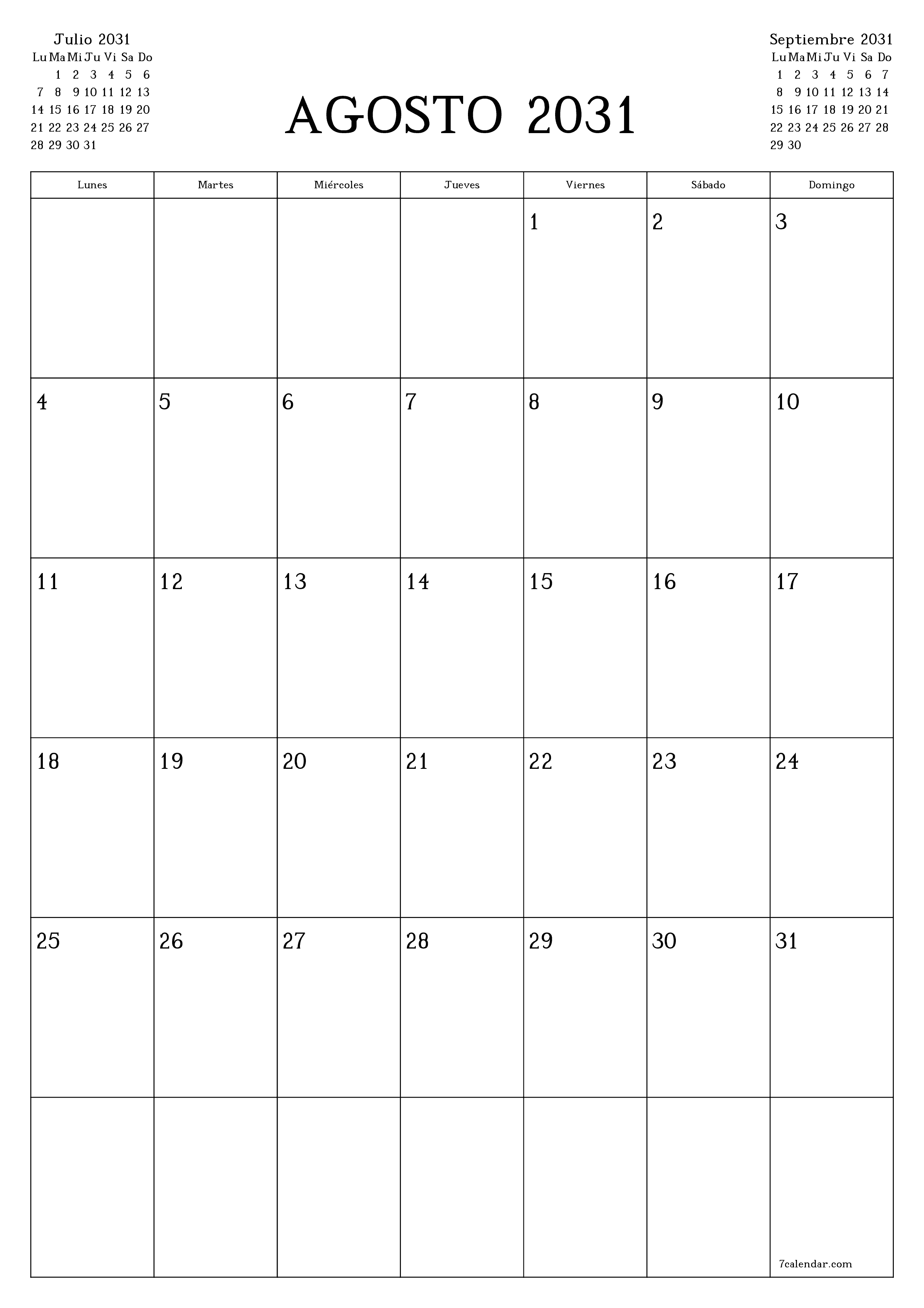  imprimible de pared plantilla de gratisvertical Mensual planificador calendario Agosto (Ago) 2031