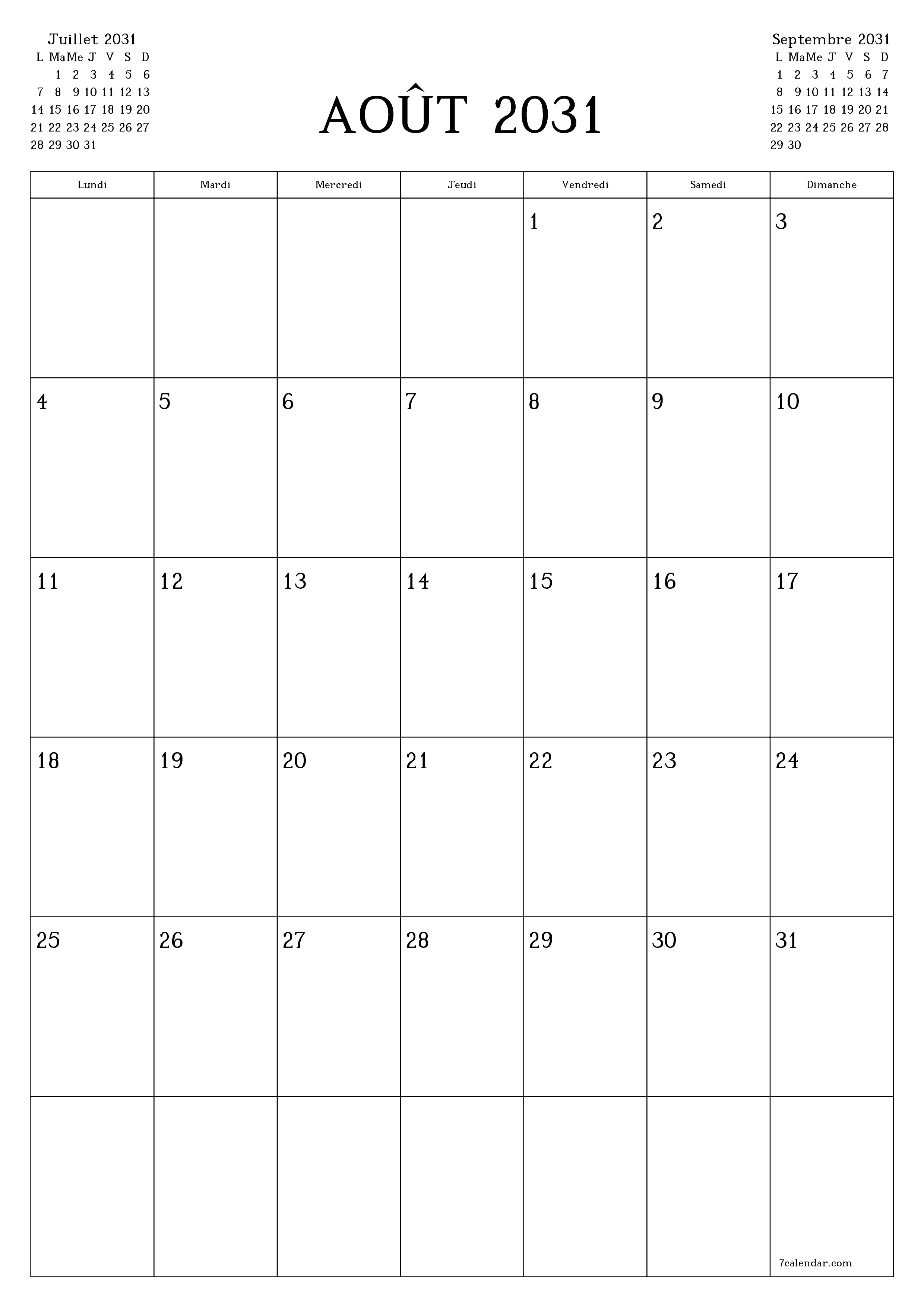  imprimable mural modèle de gratuitverticale Mensuel planificateur calendrier Août (Aou) 2031