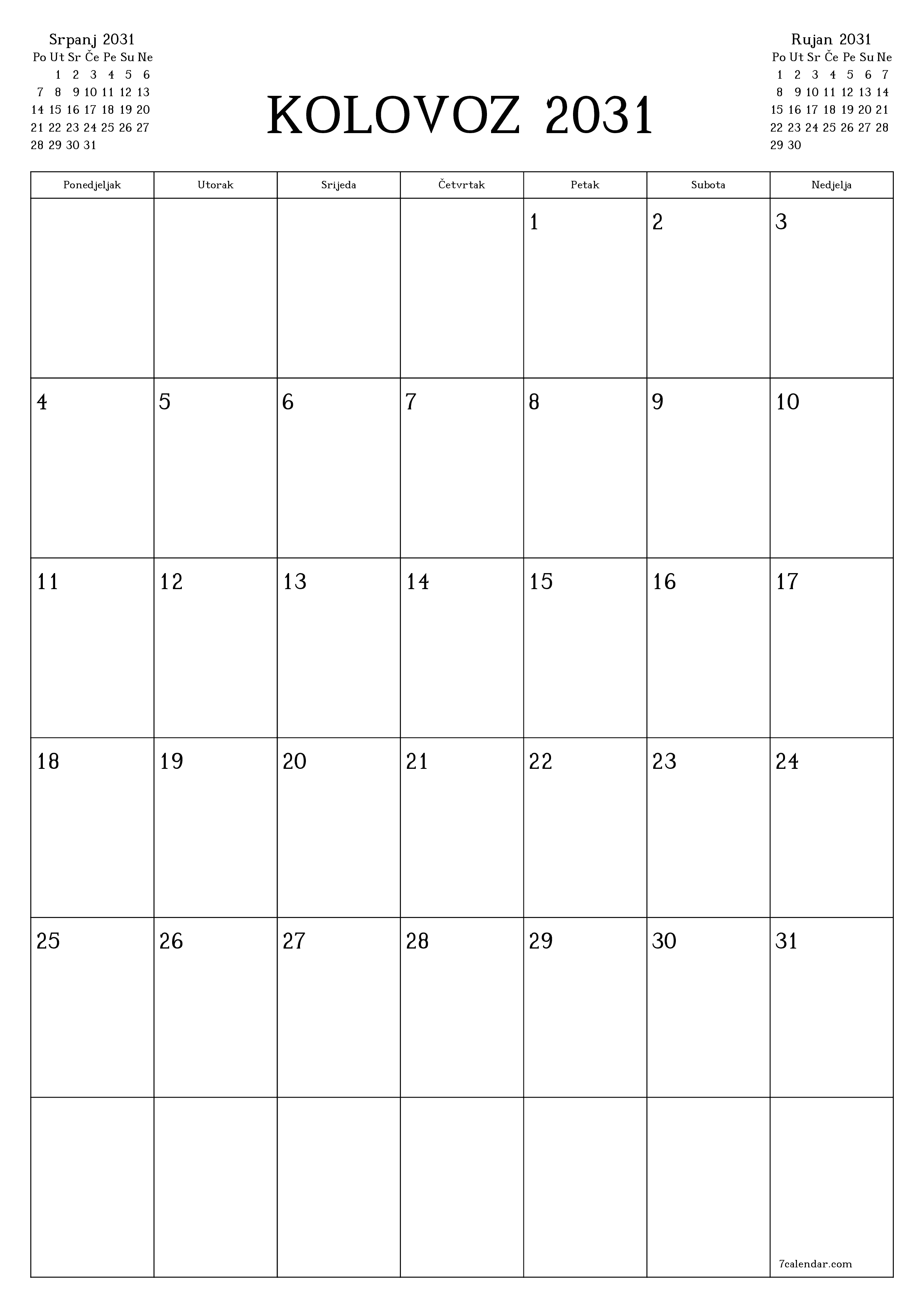  za ispis zidni predložak a besplatni okomito Mjesečni planer kalendar Kolovoz (Kol) 2031