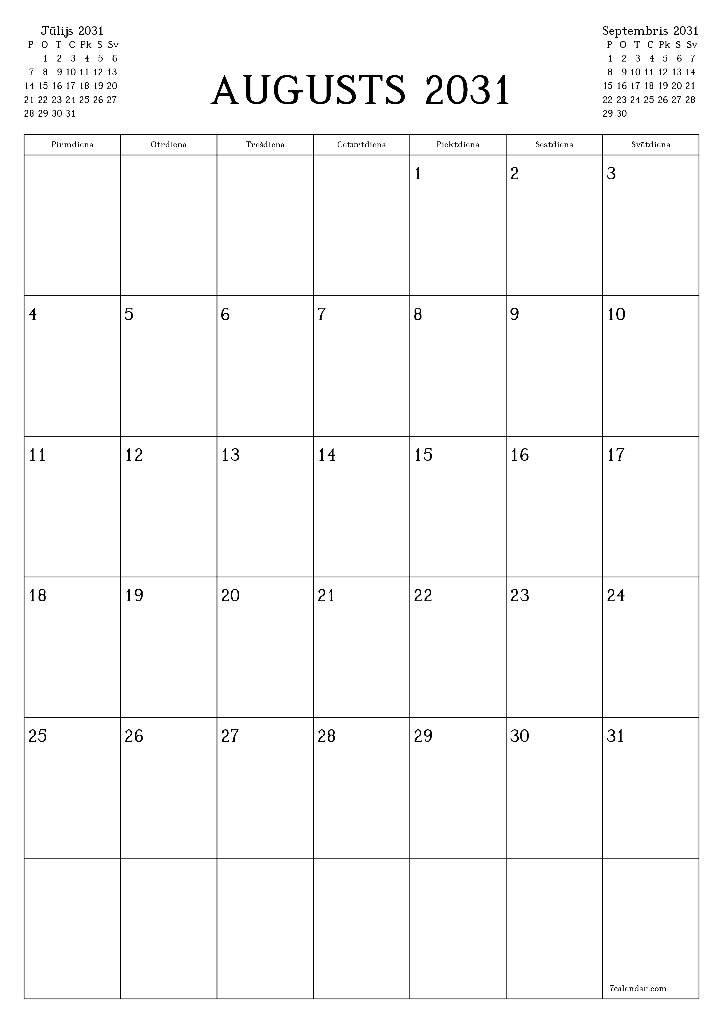 izdrukājams sienas kalendāra veidne bezmaksas vertikāli Mēneša plānotājs kalendārs Augusts (Aug) 2031