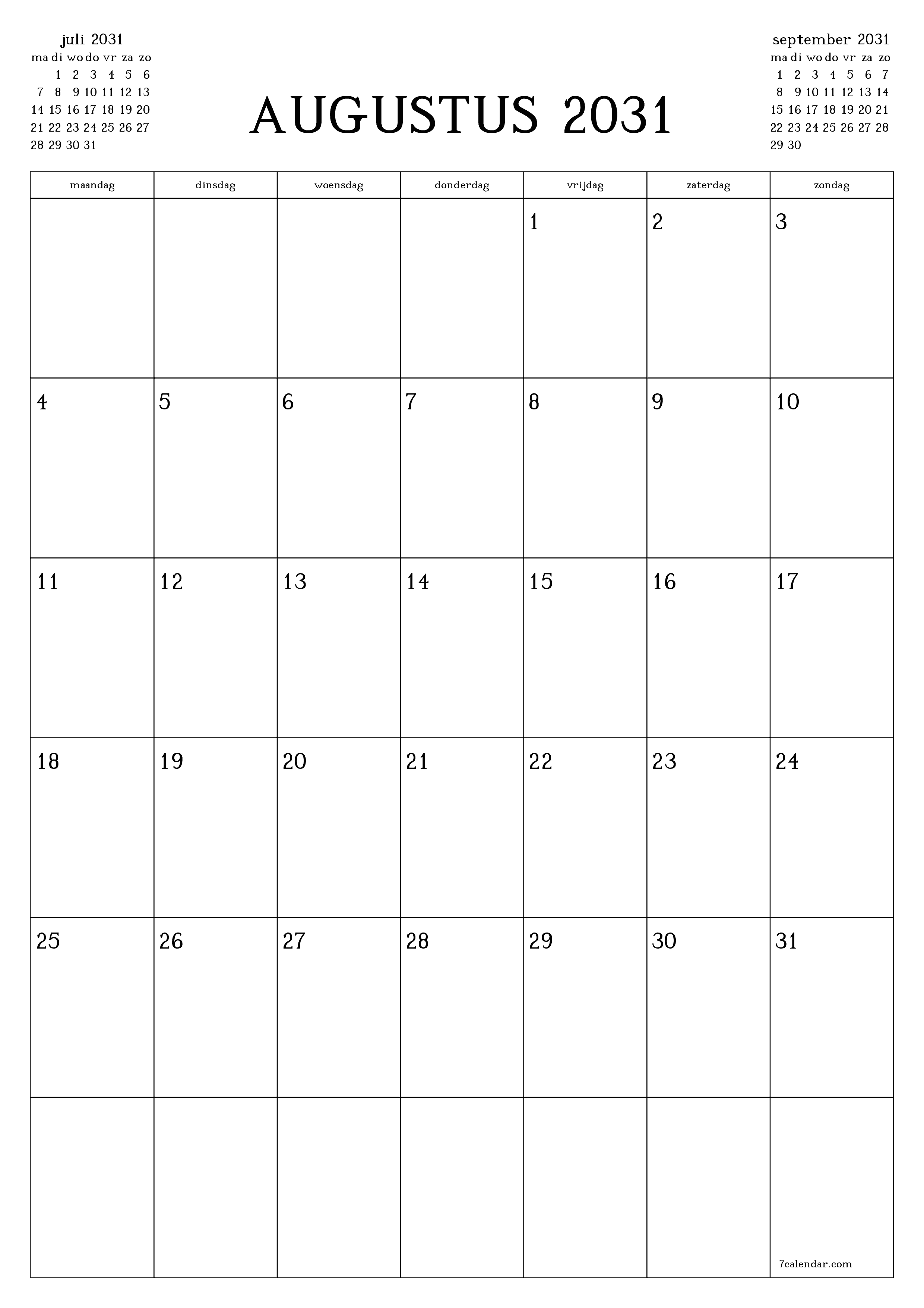 afdrukbare muur sjabloon gratis verticaal Maandelijks planner kalender augustus (aug) 2031