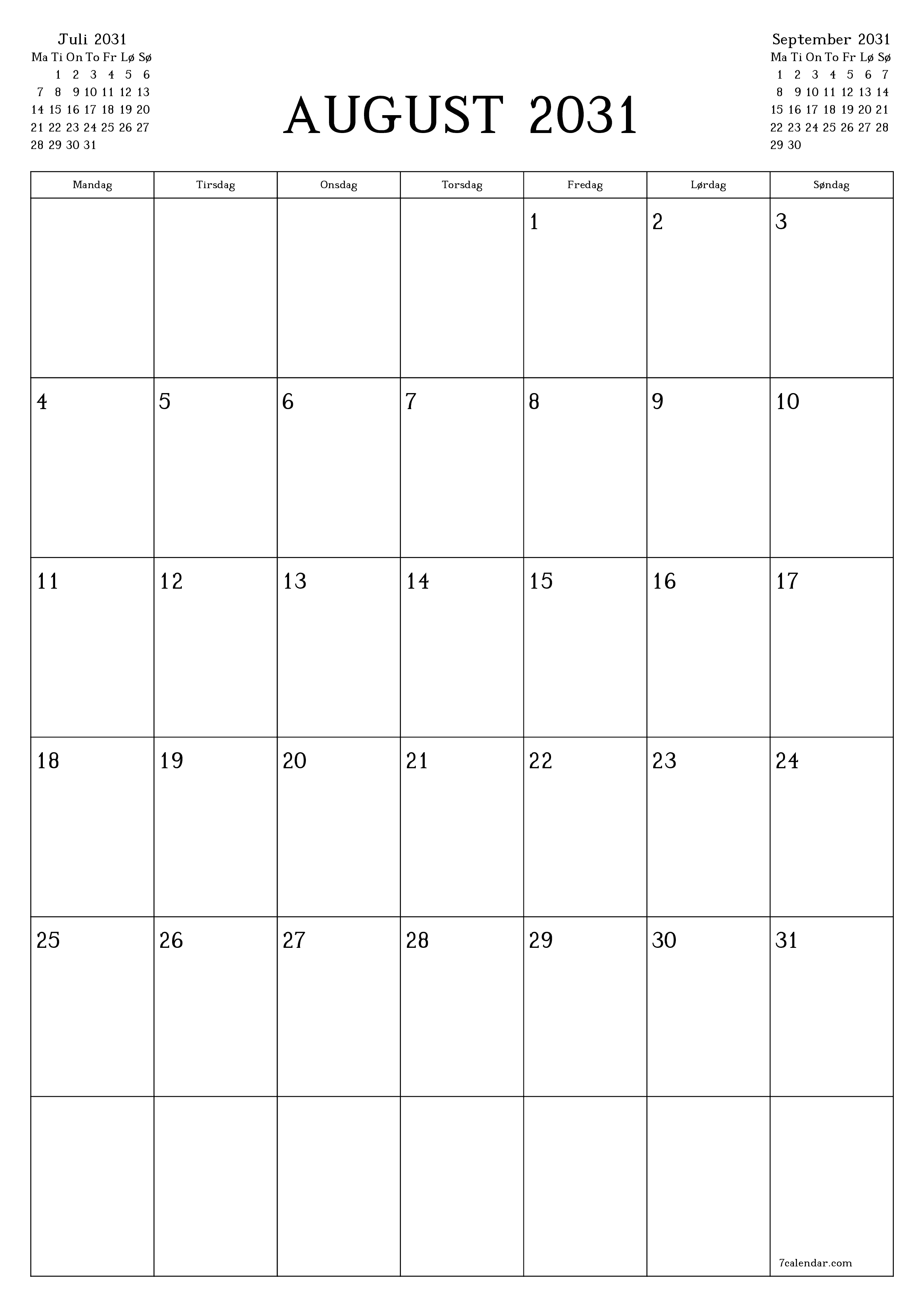 utskrivbar vegg mal gratis vertikal Månedlig planlegger kalender August (Aug) 2031