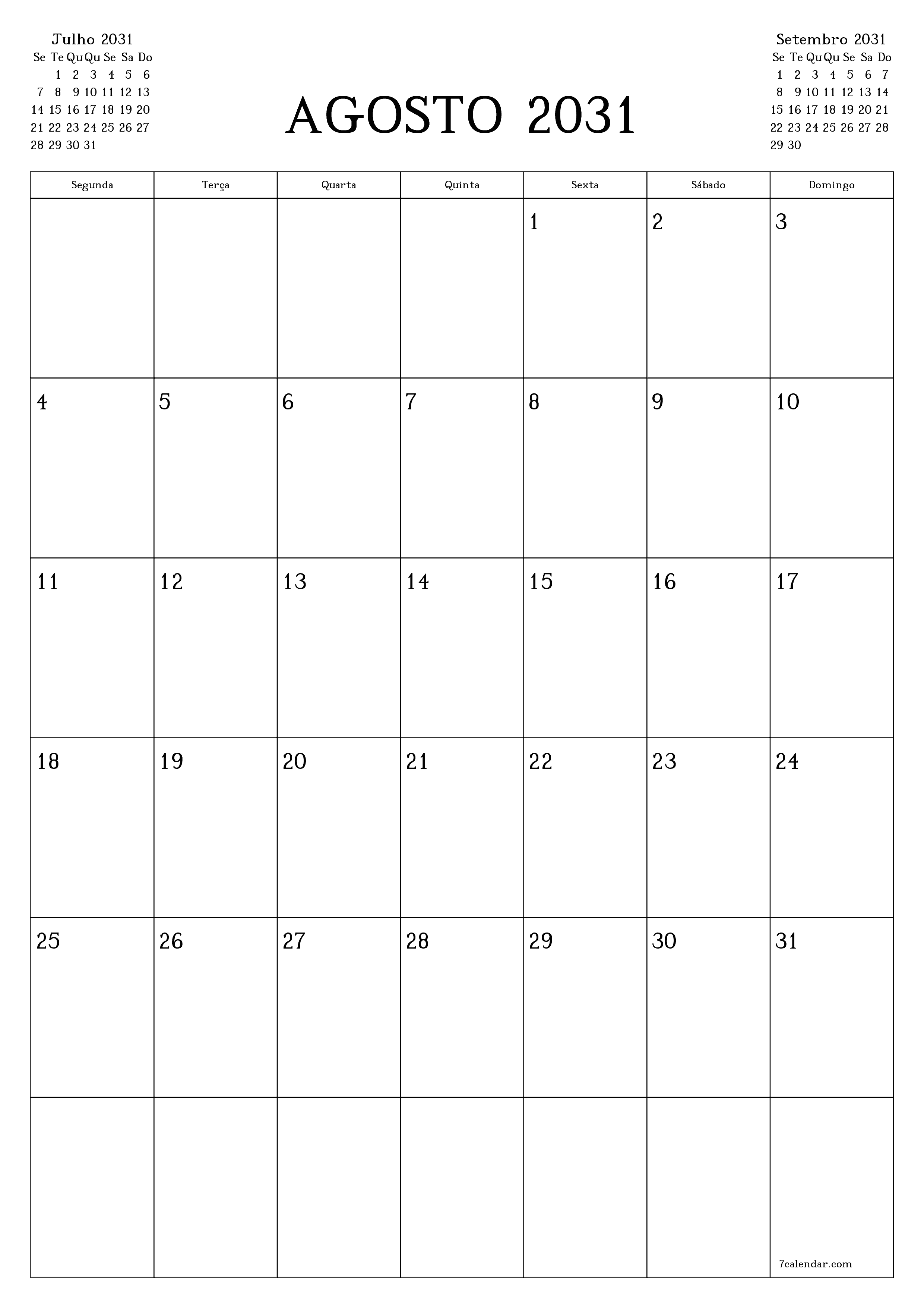  para impressão de parede modelo de grátisvertical Mensal planejador calendário Agosto (Ago) 2031