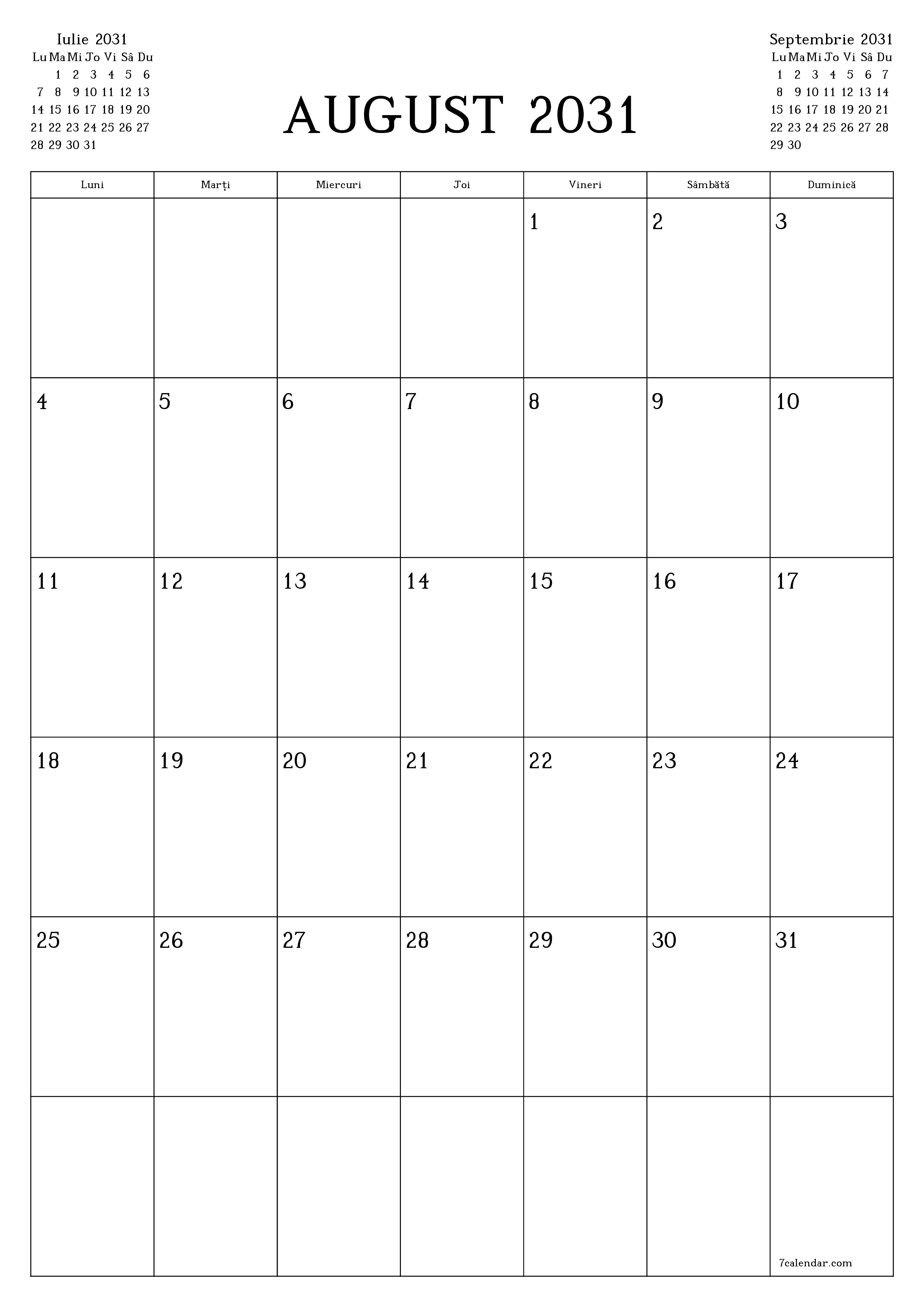  imprimabil de perete șablon de gratuitvertical Lunar planificator calendar August (Aug) 2031