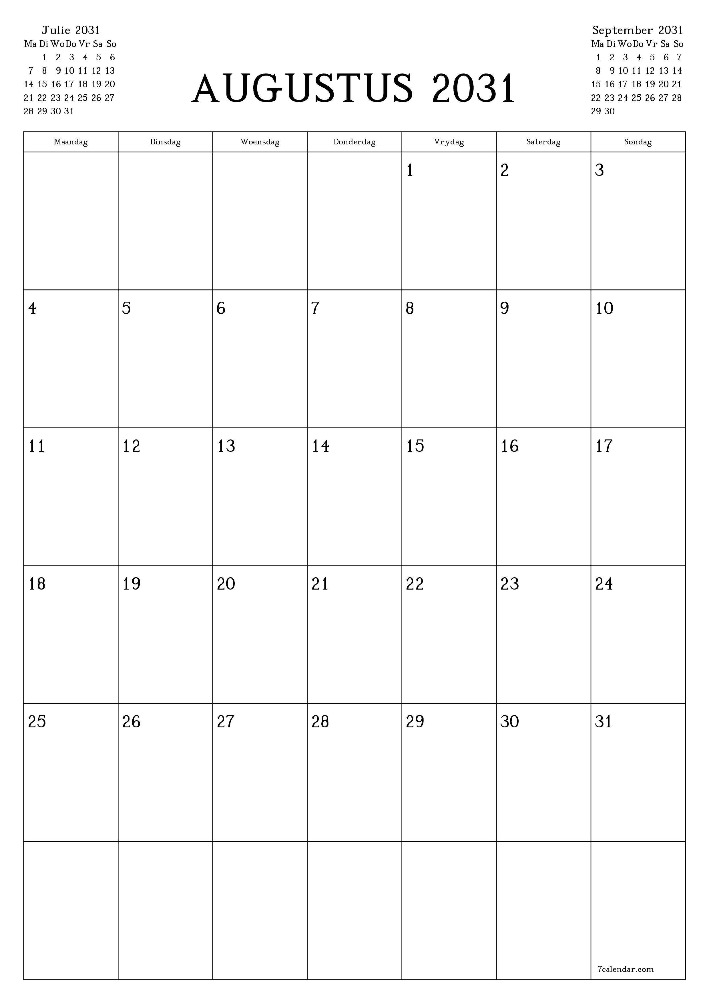 drukbare muur template gratis vertikaal Maandeliks beplanner kalender Augustus (Aug) 2031
