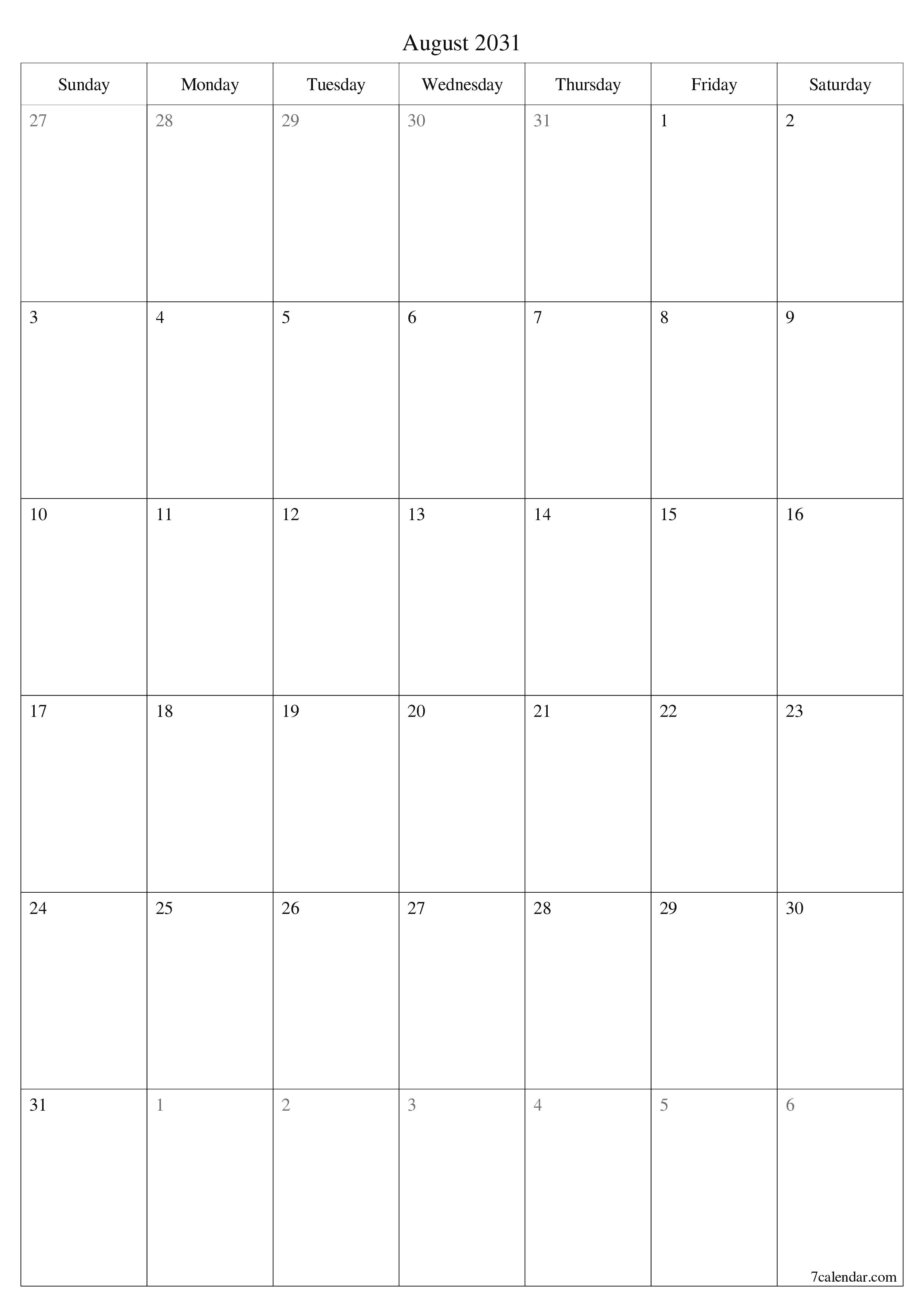 Blank calendar August 2031