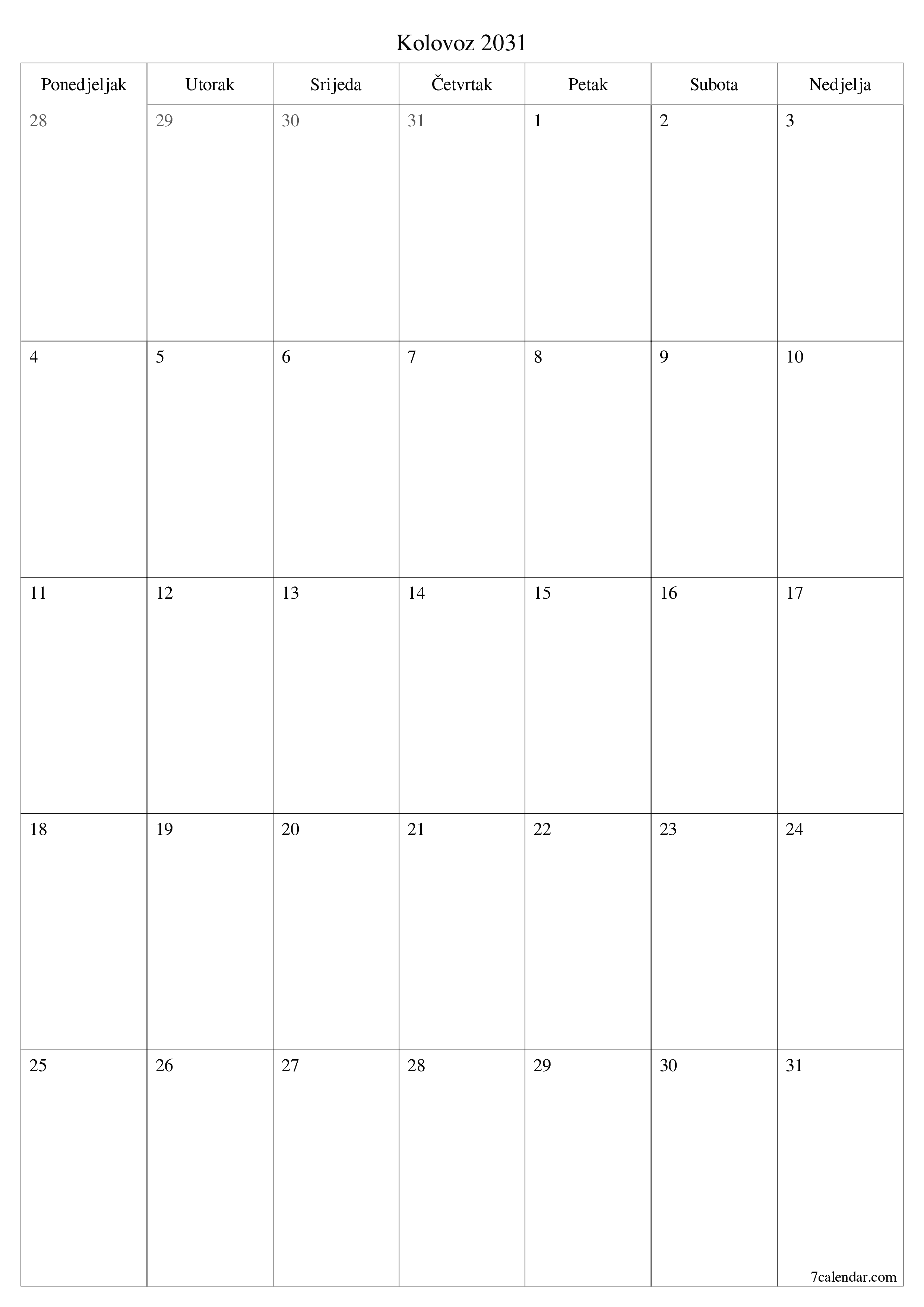  za ispis zidni predložak a besplatni okomito Mjesečni planer kalendar Kolovoz (Kol) 2031