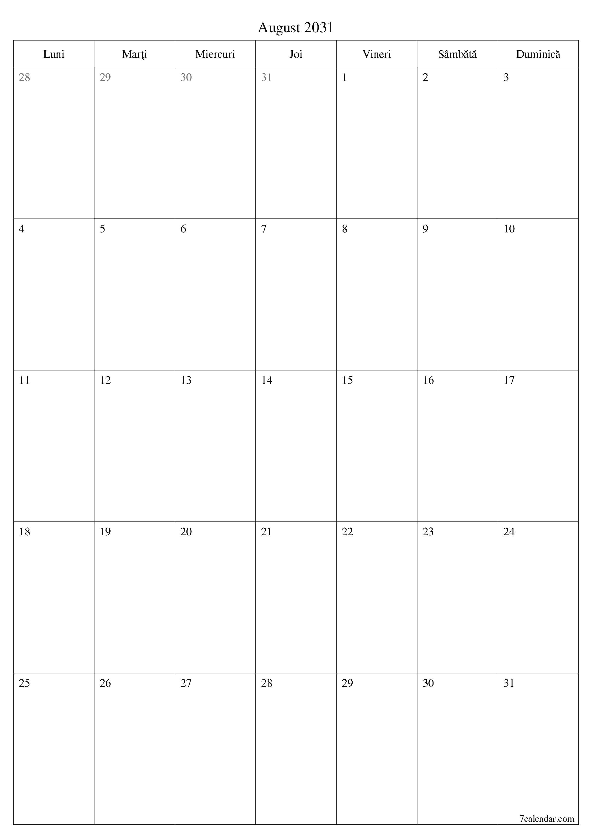  imprimabil de perete șablon de gratuitvertical Lunar planificator calendar August (Aug) 2031