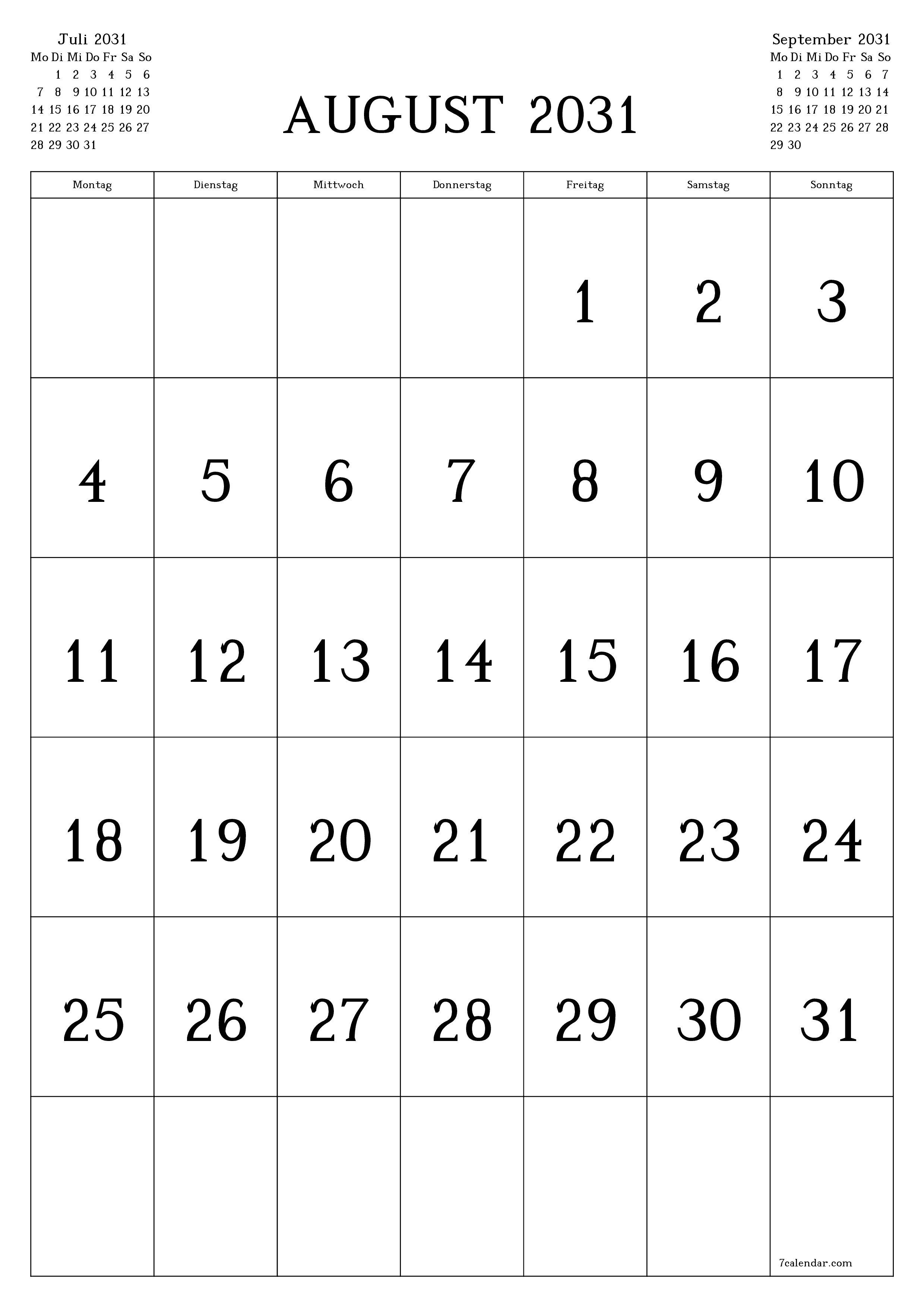  zum Ausdrucken Wandkalender vorlage kostenloser vertikal Monatlich Kalender August (Aug) 2031
