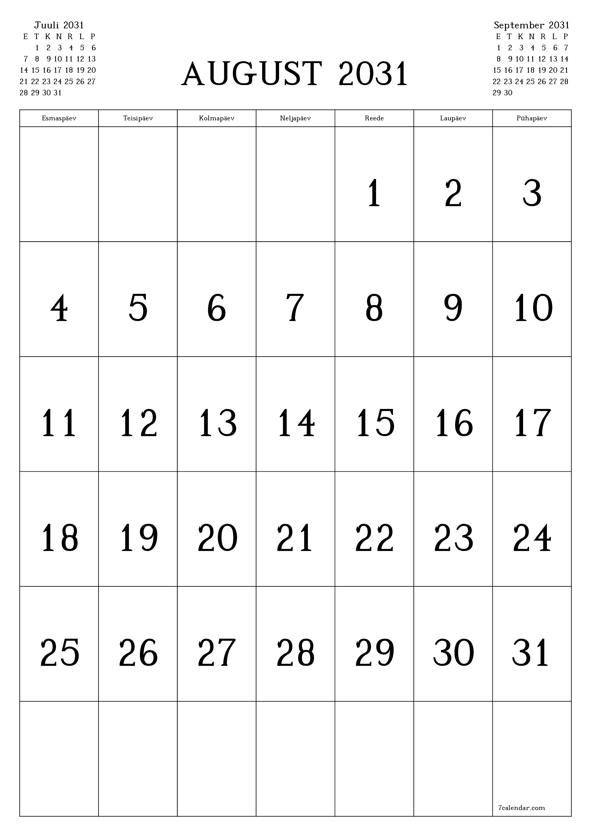 prinditav seina kalendri mall tasuta vertikaalne Igakuine kalender August (Aug) 2031