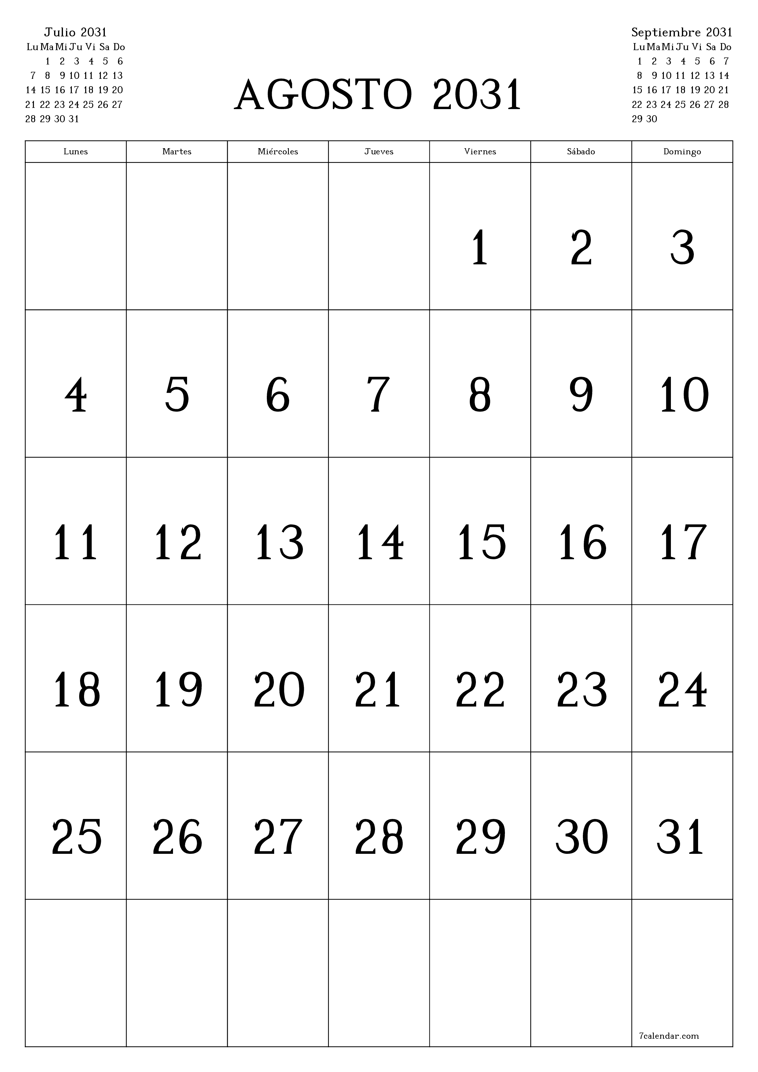  imprimible de pared plantilla de gratisvertical Mensual calendario Agosto (Ago) 2031