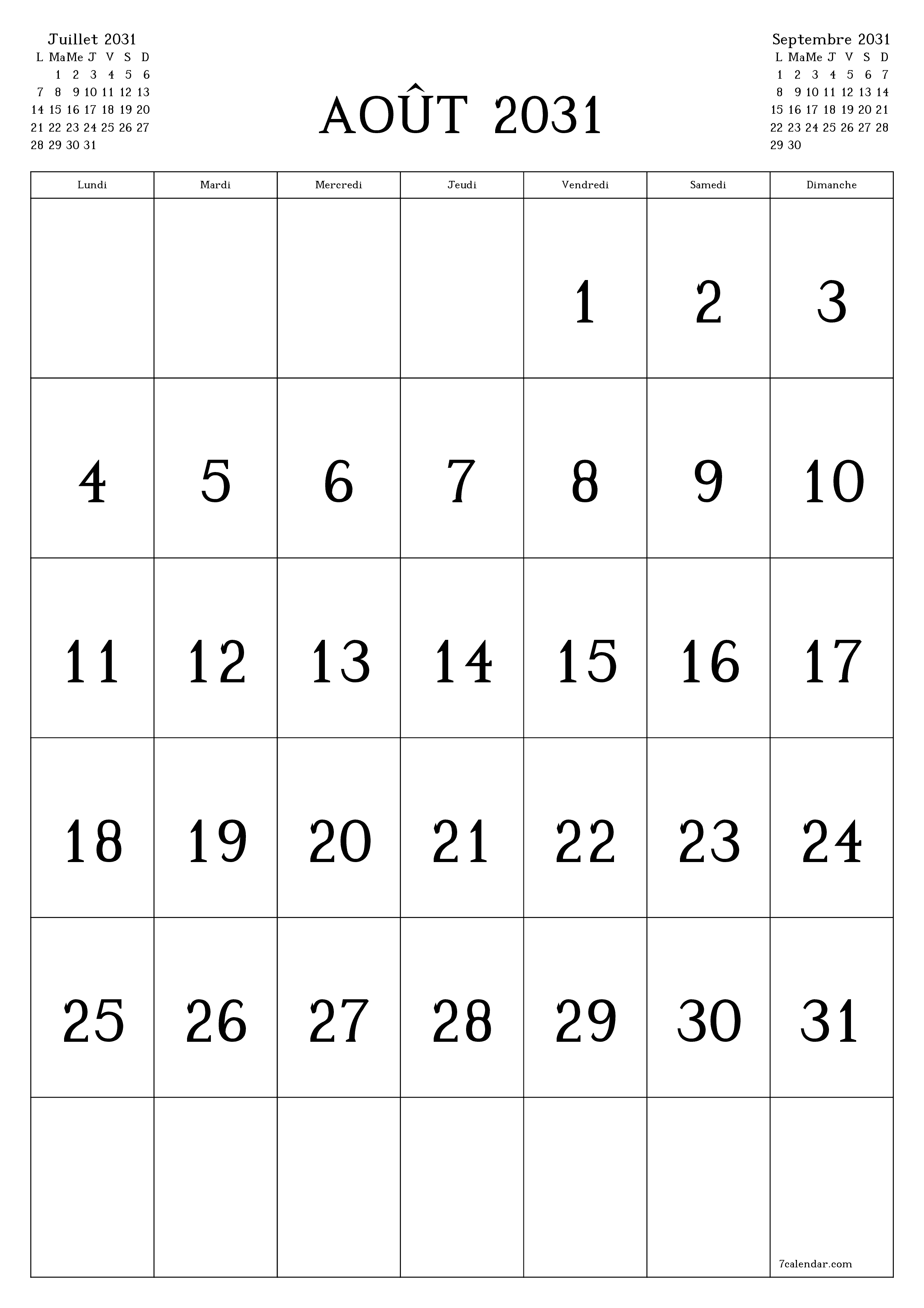  imprimable mural modèle de gratuitverticale Mensuel calendrier Août (Aou) 2031