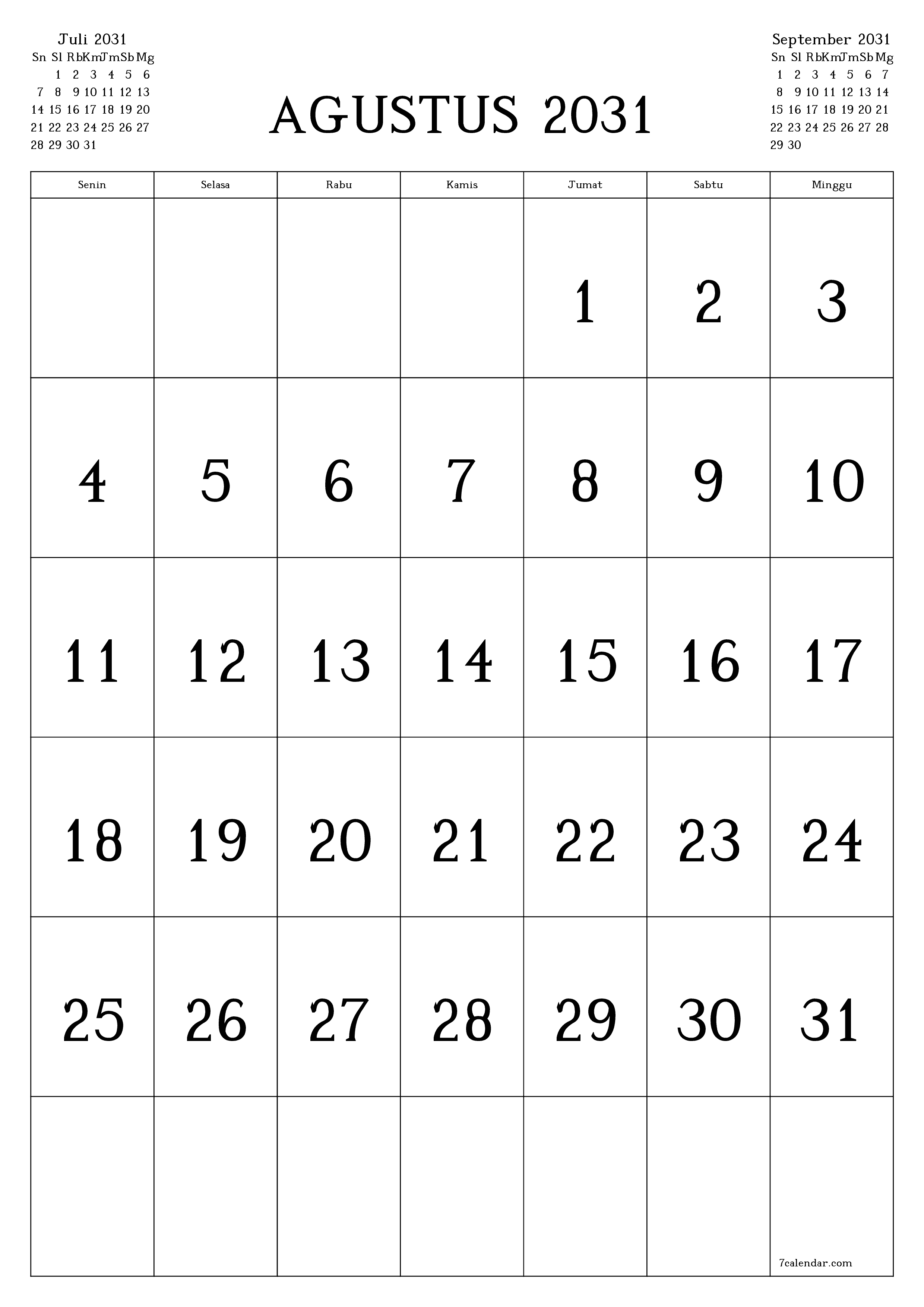  yang dapat dicetak dinding templat gratisvertikal Bulanan kalender Agustus (Agt) 2031