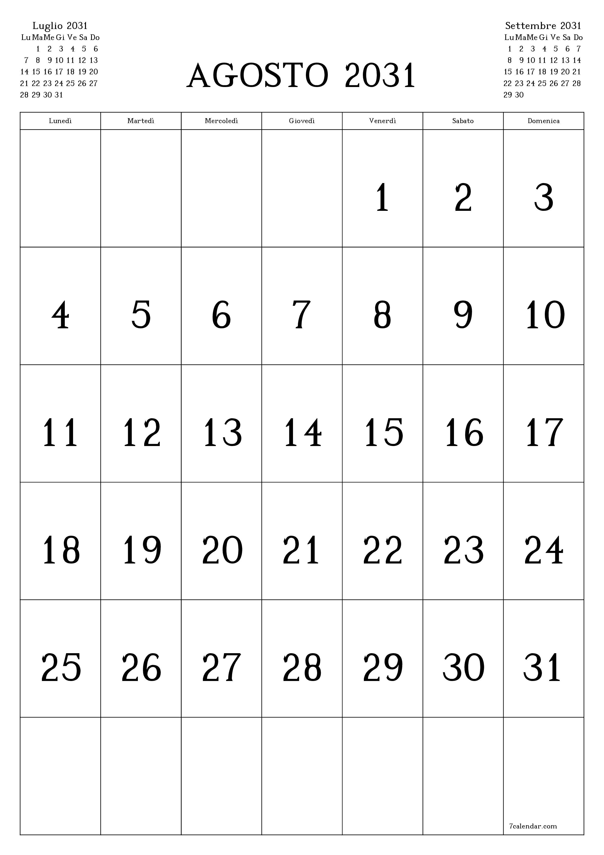  stampabile da parete modello di gratuitoverticale Mensile calendario Agosto (Ago) 2031