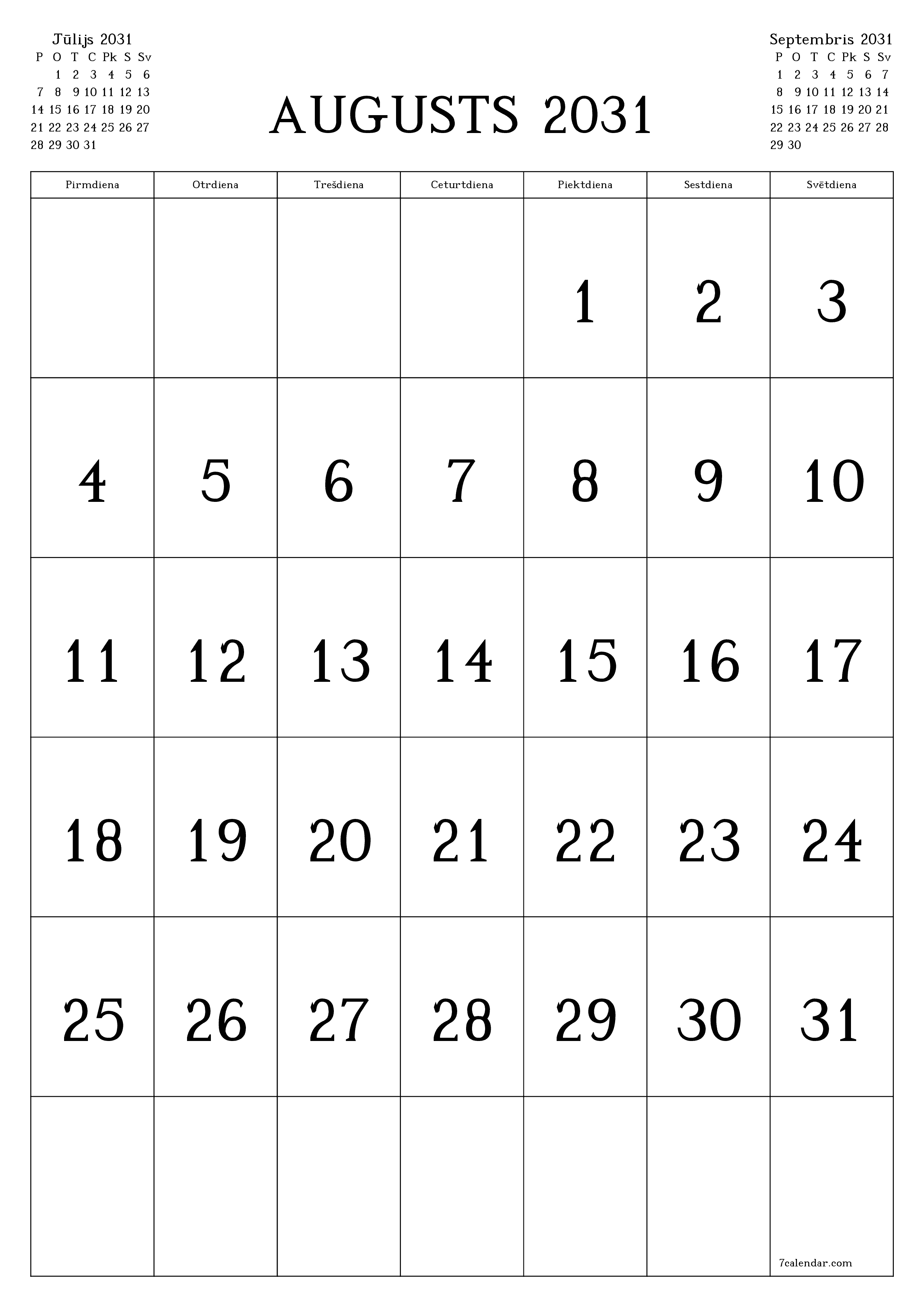 izdrukājams sienas kalendāra veidne bezmaksas vertikāli Mēneša kalendārs Augusts (Aug) 2031