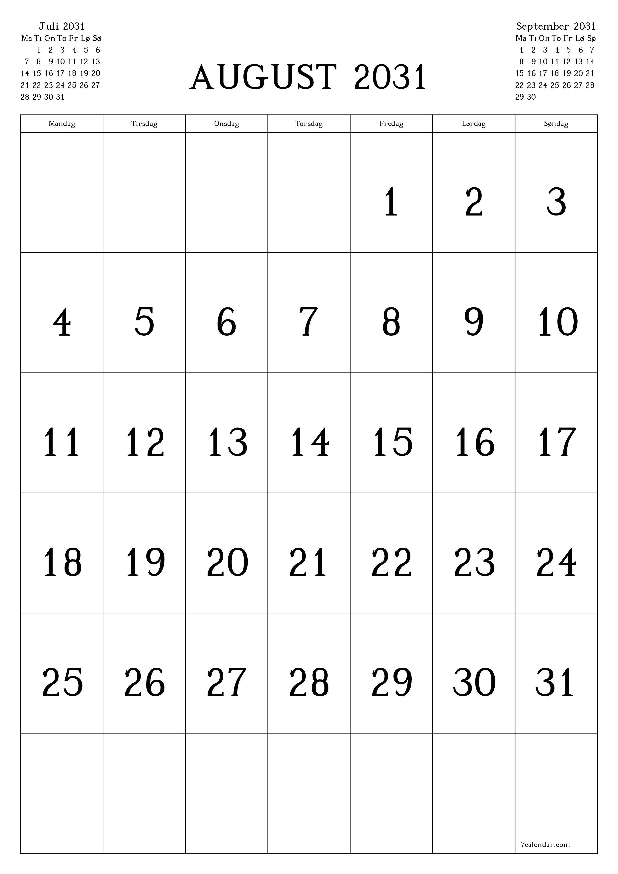 utskrivbar vegg mal gratis vertikal Månedlig kalender August (Aug) 2031