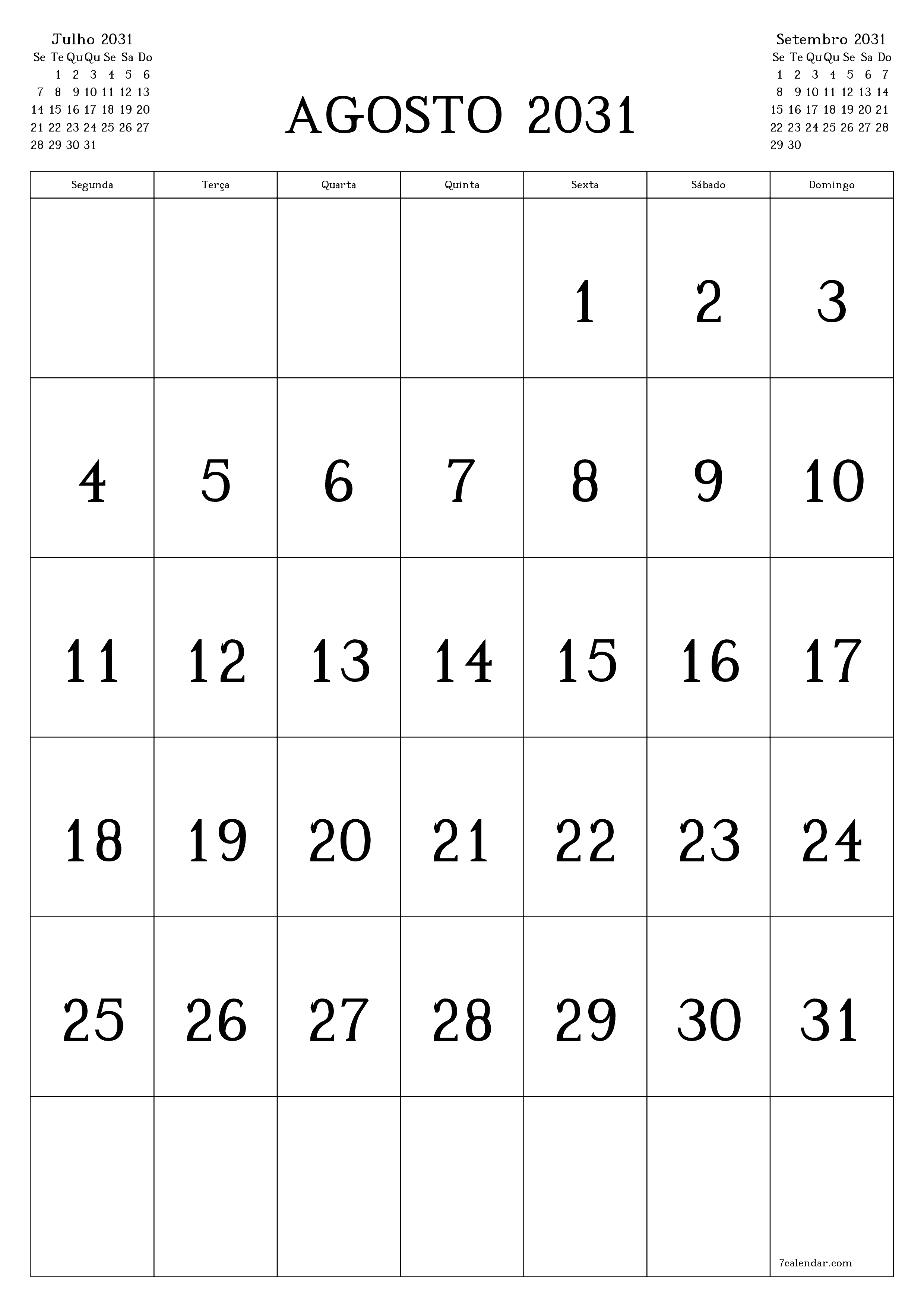  para impressão de parede modelo de grátisvertical Mensal calendário Agosto (Ago) 2031
