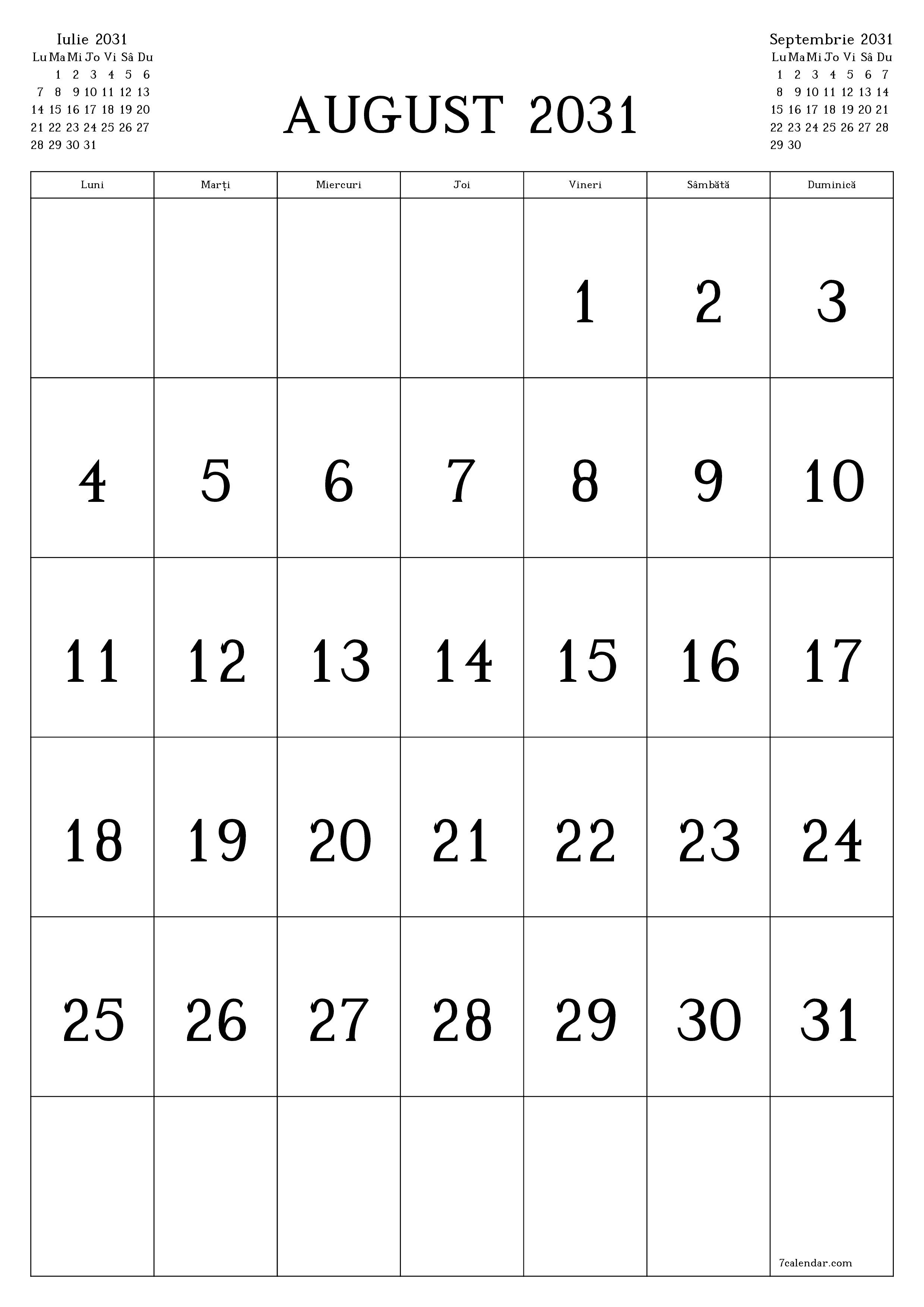  imprimabil de perete șablon de gratuitvertical Lunar calendar August (Aug) 2031