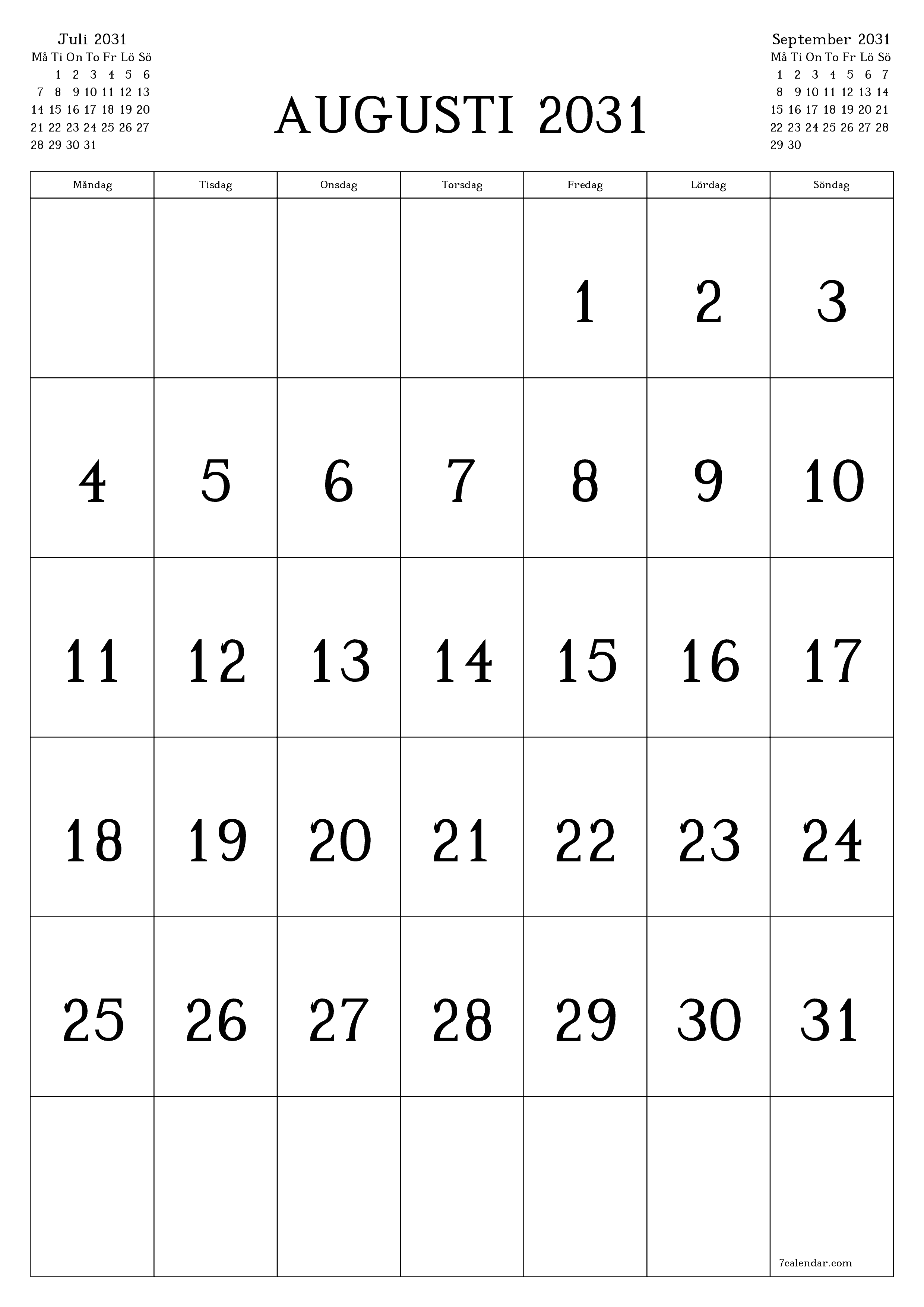 utskrivbar vägg mall gratis vertikal Månatlig kalender Augusti (Aug) 2031