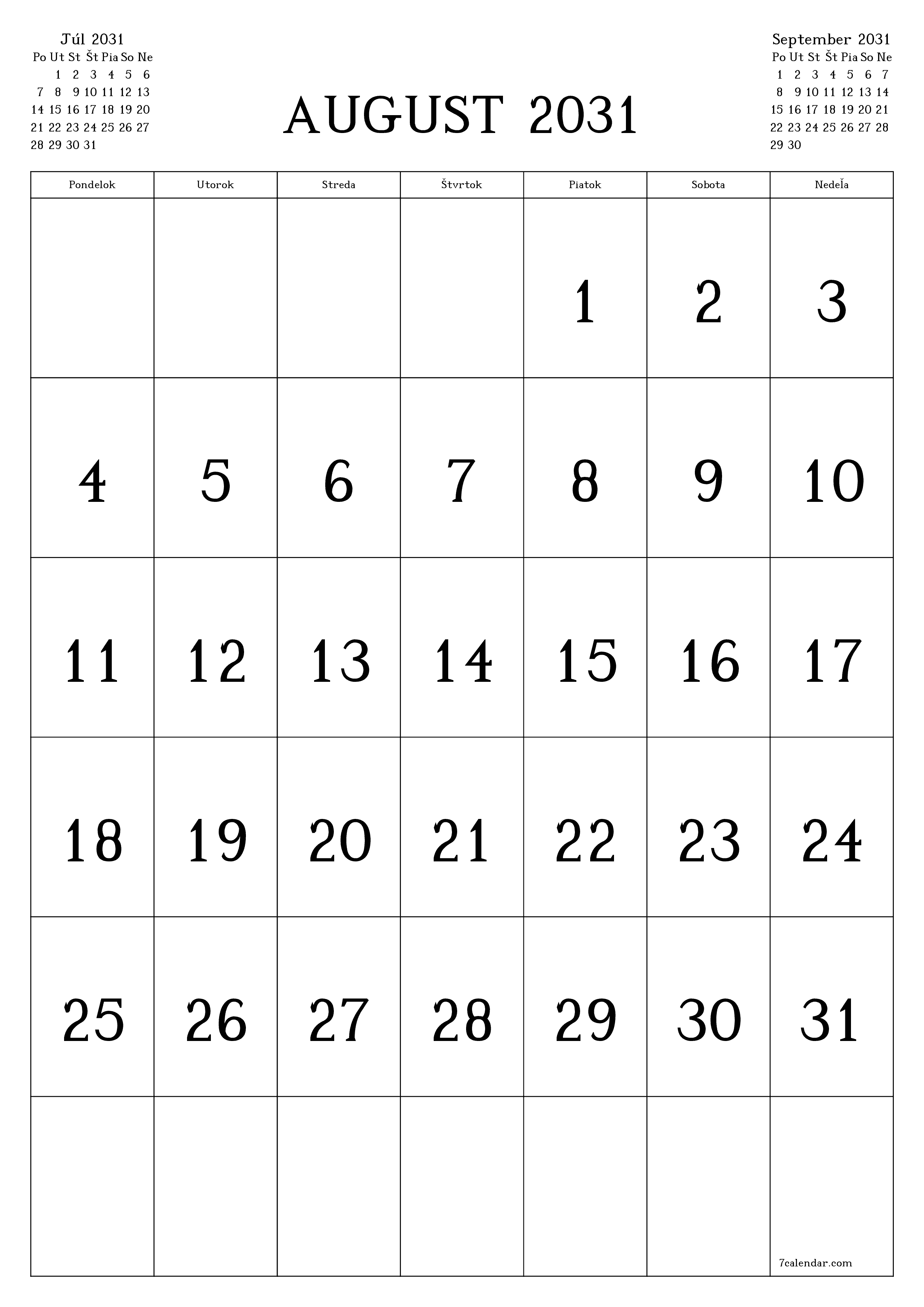 vytlačiteľný nástenný šablóna a bezplatný вертикальный Mesačne kalendár August (Aug) 2031