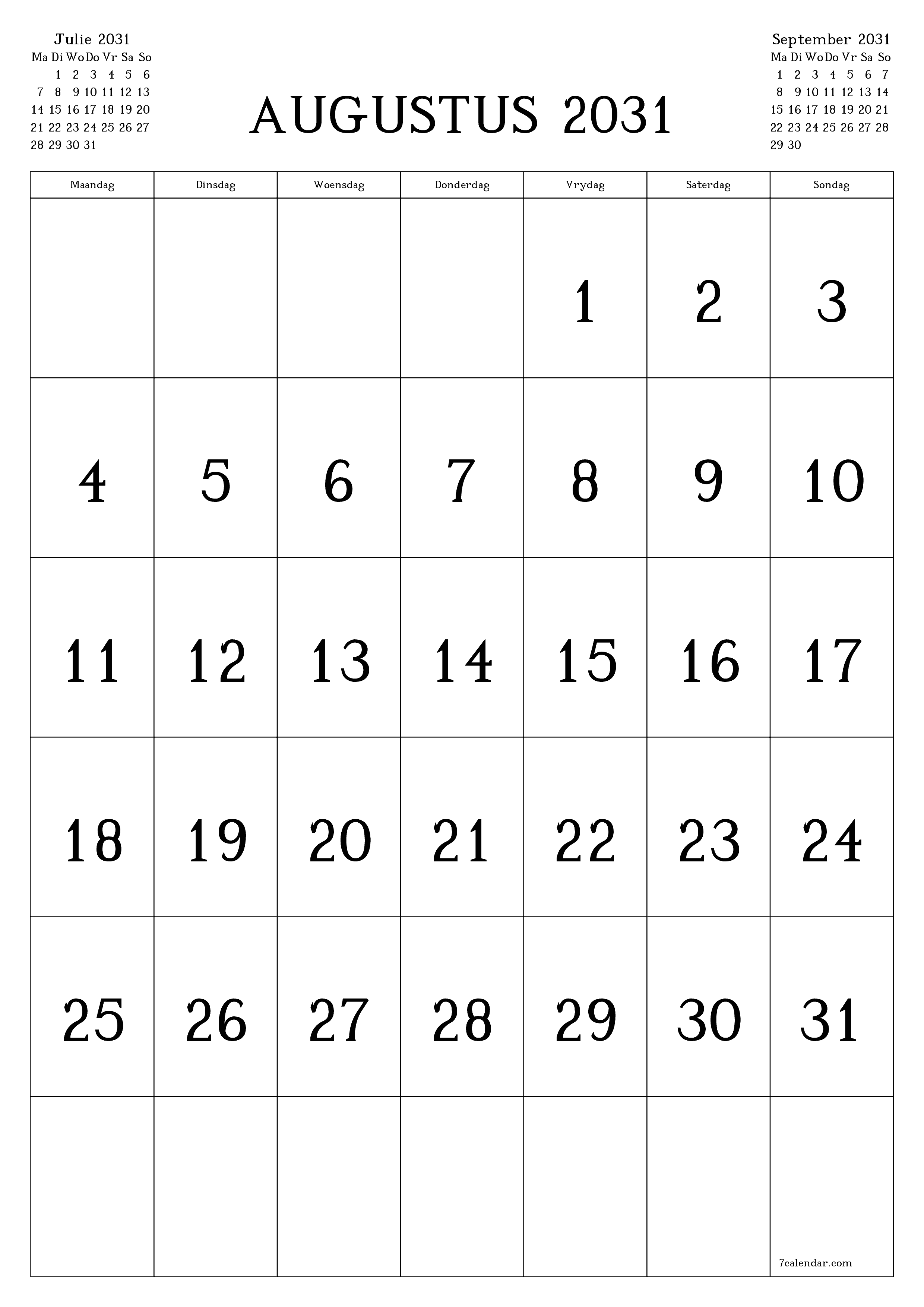 drukbare muur template gratis vertikaal Maandeliks kalender Augustus (Aug) 2031