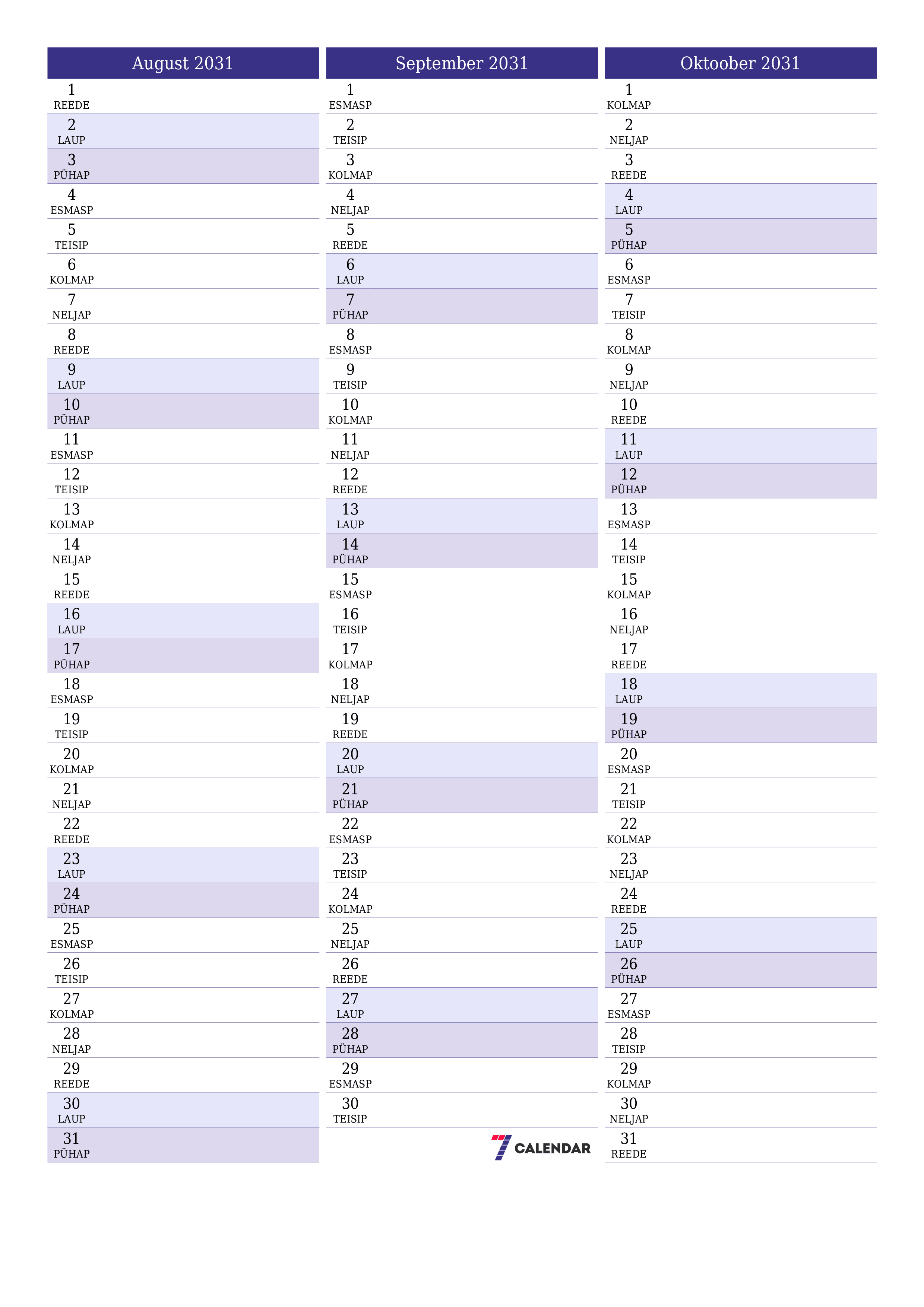 prinditav seina kalendri mall tasuta vertikaalne Igakuine planeerija kalender August (Aug) 2031