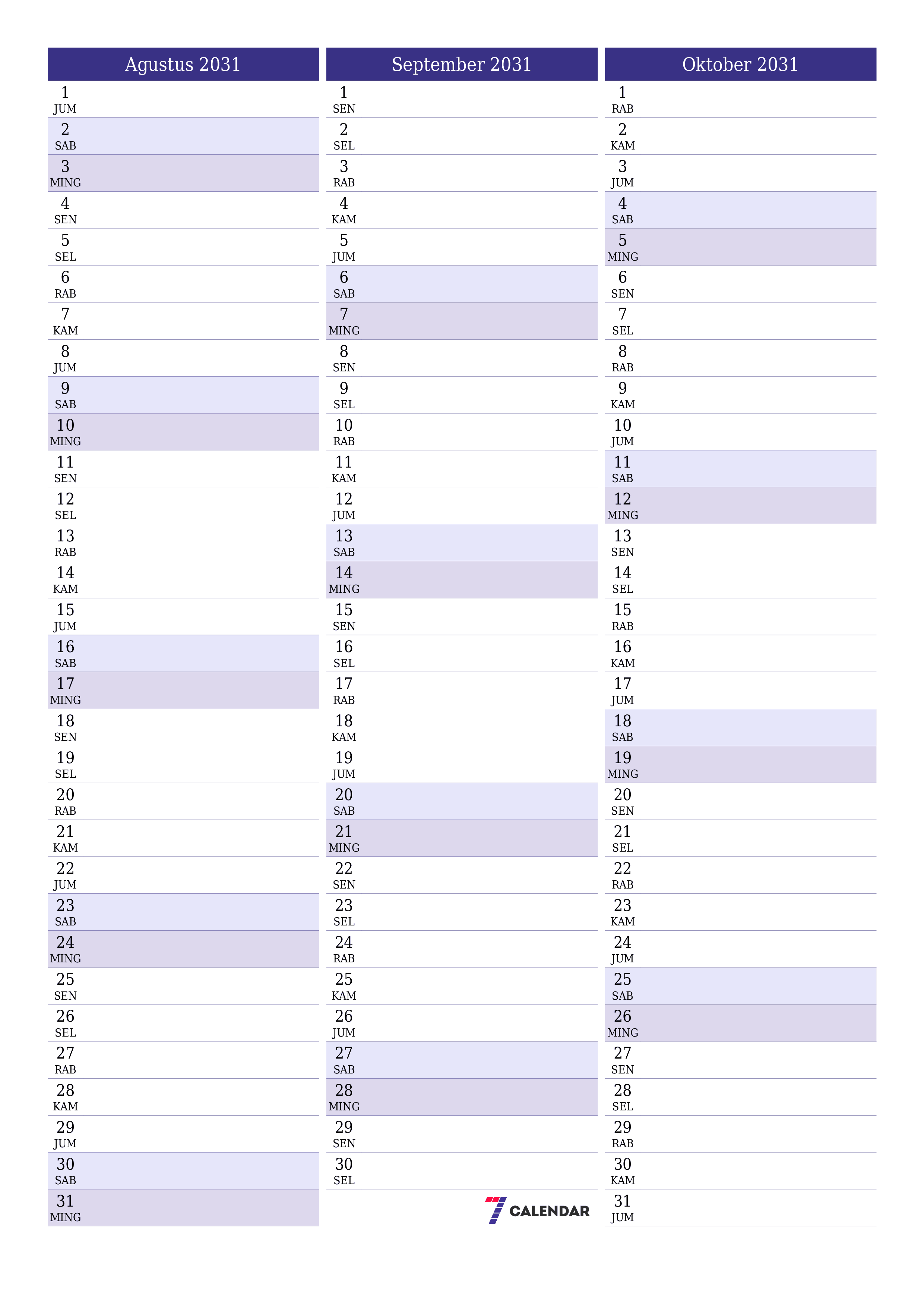  yang dapat dicetak dinding templat gratisvertikal Bulanan perencana kalender Agustus (Agt) 2031