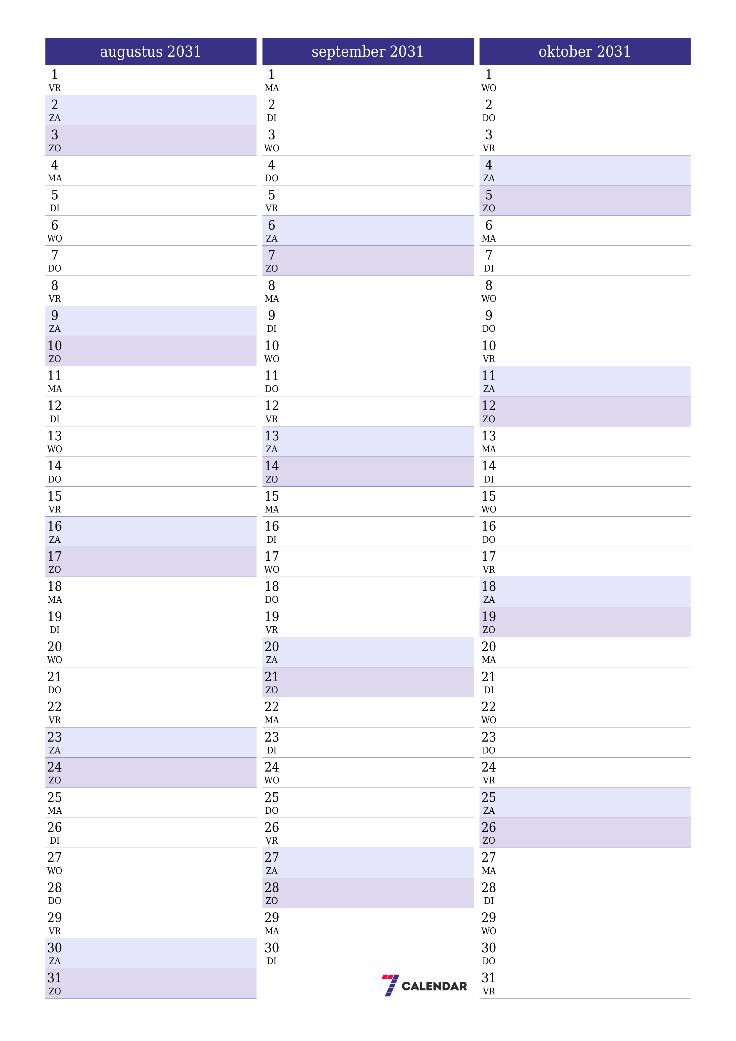 afdrukbare muur sjabloon gratis verticaal Maandelijks planner kalender augustus (aug) 2031