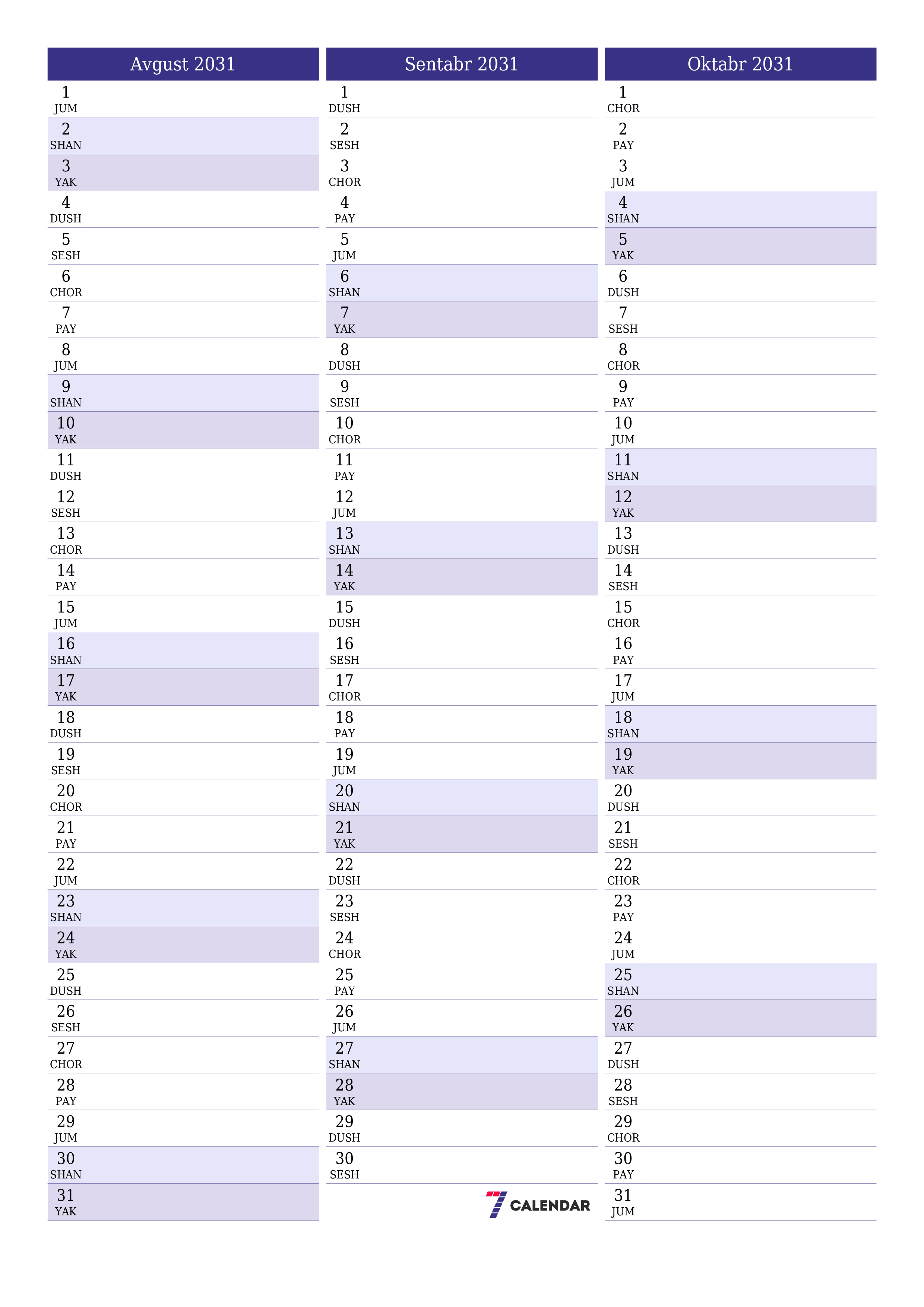 chop etiladigan devor taqvimi shabloni bepul vertikal Oylik rejalashtiruvchi kalendar Avgust (Avg) 2031