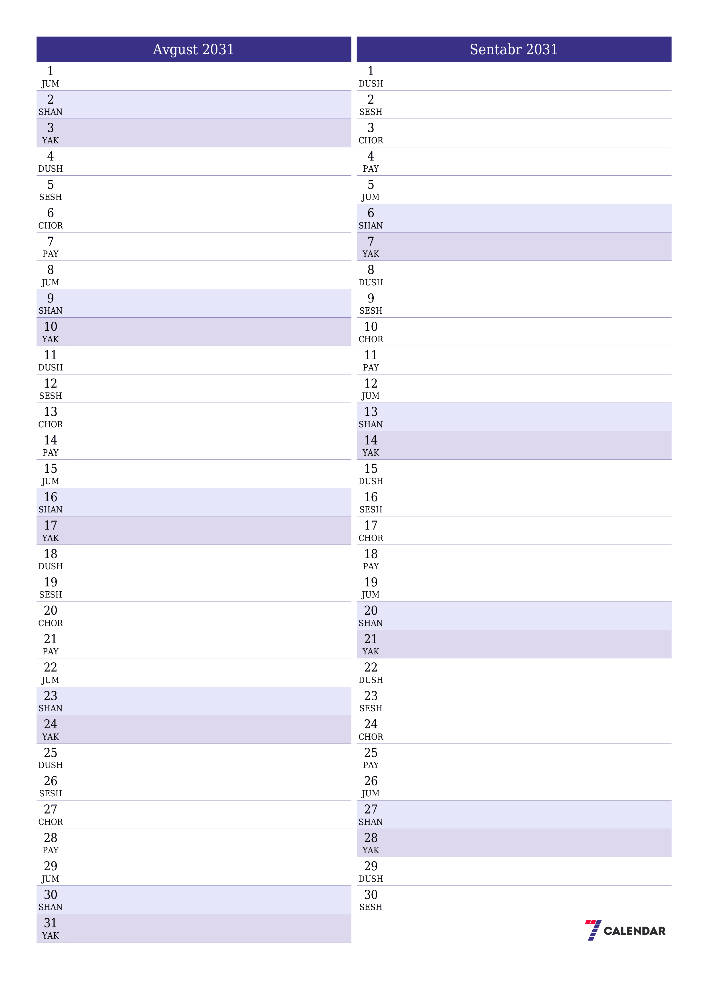 chop etiladigan devor taqvimi shabloni bepul vertikal Oylik rejalashtiruvchi kalendar Avgust (Avg) 2031