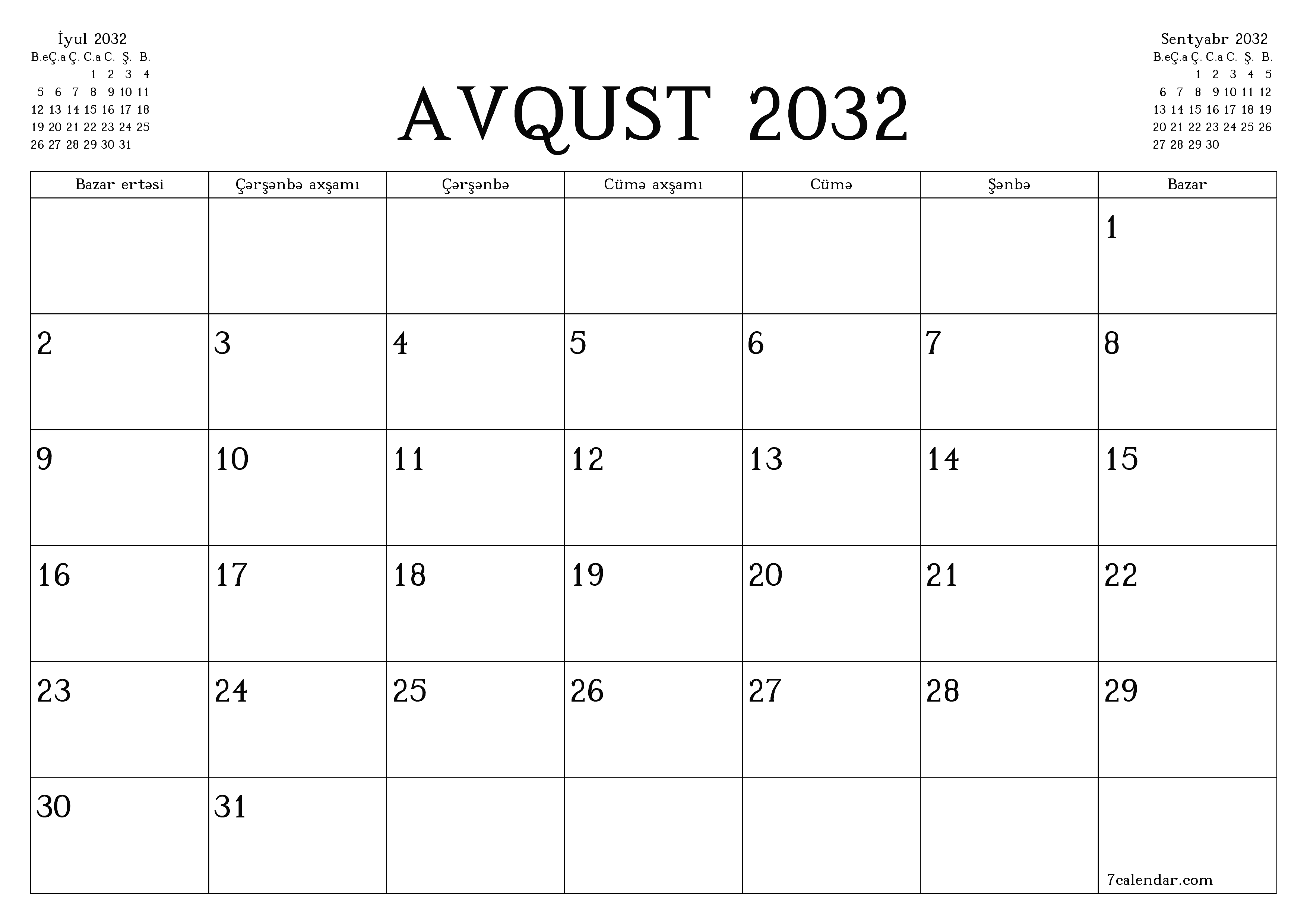 Avqust 2032 ayı üçün qeydlər ilə boş aylıq planlayıcı, qeyd edin və PDF-ə yazdırın PNG Azerbaijani